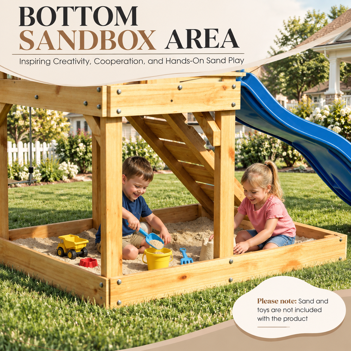 Evertrail Wooden Swing Set with Slide and Climbing Wall-Natural Oak
