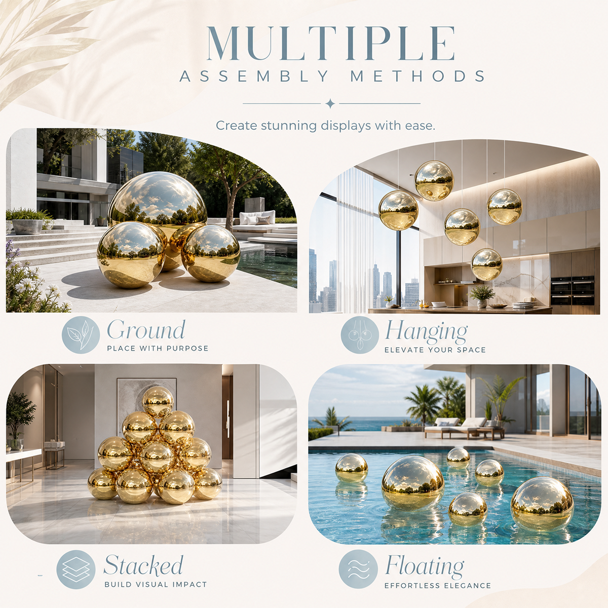 Vibe Reusable Inflatable Mirror Balls for Disco Parties & Events-3PCS-19.7"+31.5"+39.4"-Gold