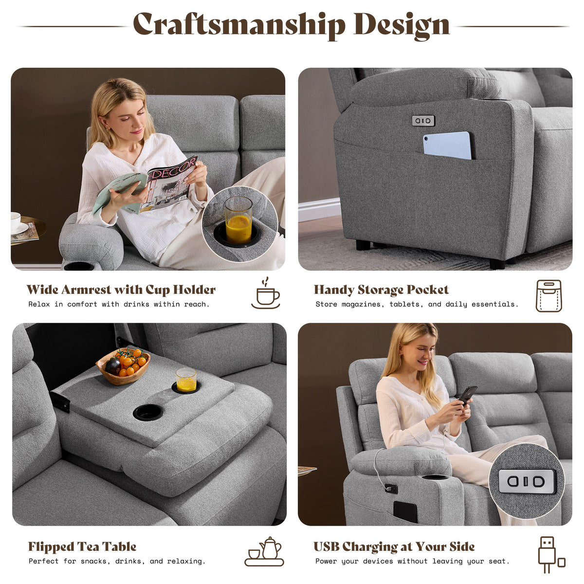 L-Shaped Power Reclining Sectional Sofa with Console-3-Seat with Flip Console-Light Grey