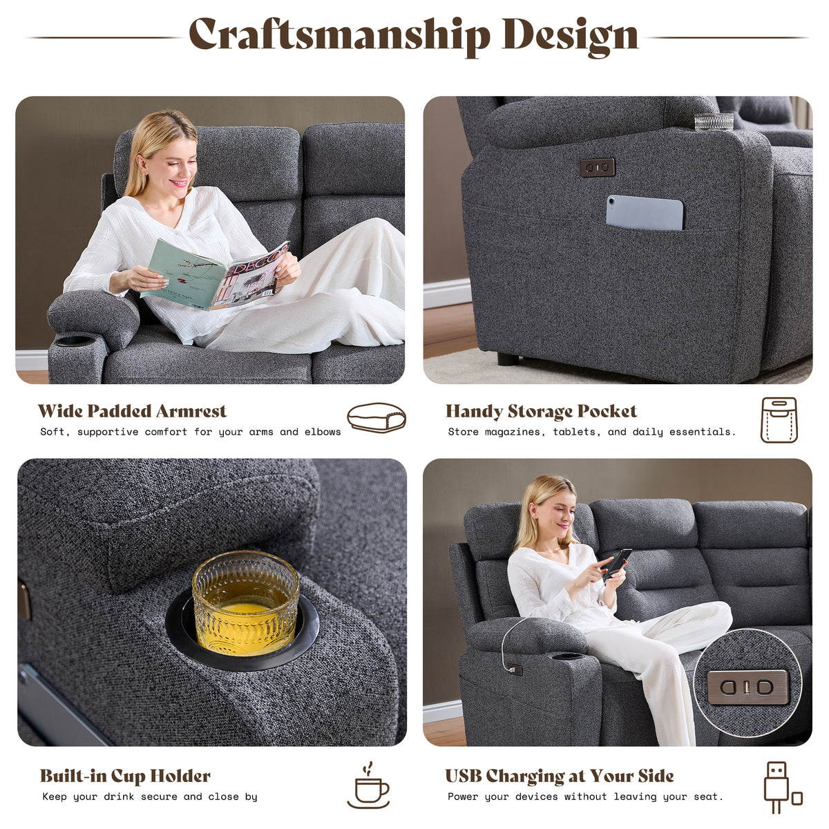 L-Shaped Power Reclining Sectional Sofa with Console-3-Seat with Flip Console-Dark Grey