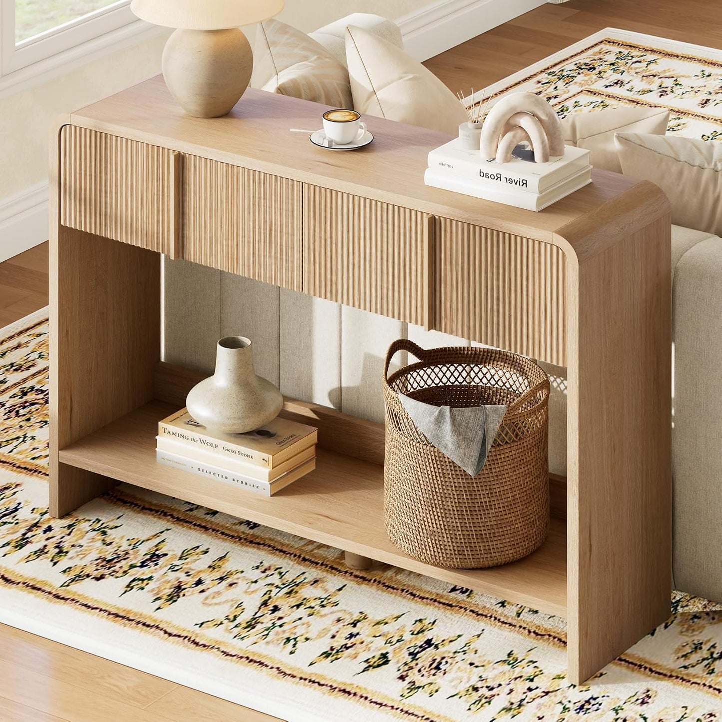 Curvia Wooden Console Table Amerlife Fluted Panel / Natural Oak
