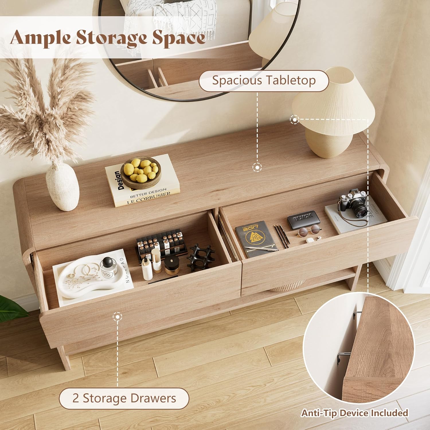 Curvia Wooden Console Table Amerlife Flat Panel / 55" / Natural Oak