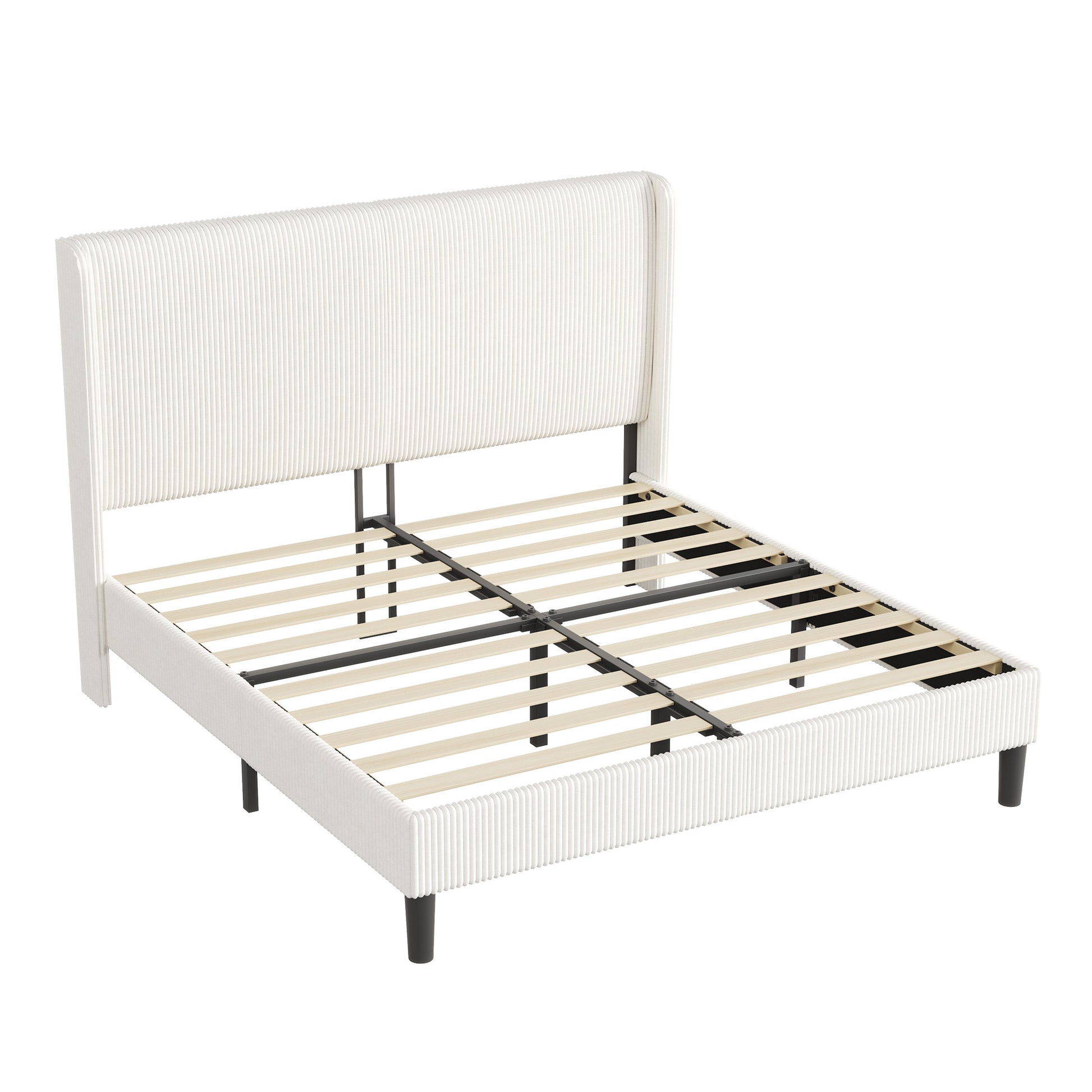 Corduroy Upholstered King Bed Frame-White