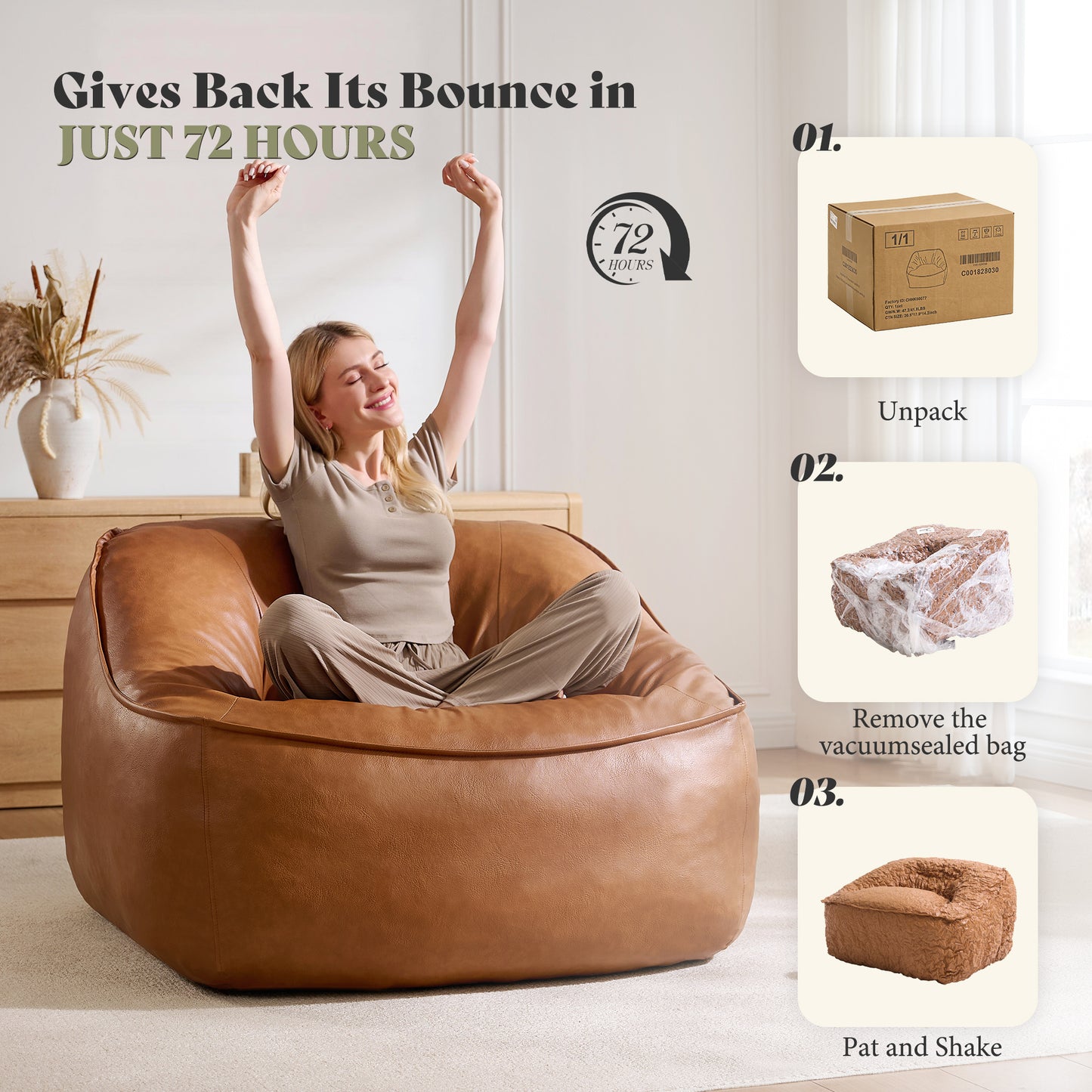 Amerlife Oversized Bean Bag Lounge Chair-Brown Pu
