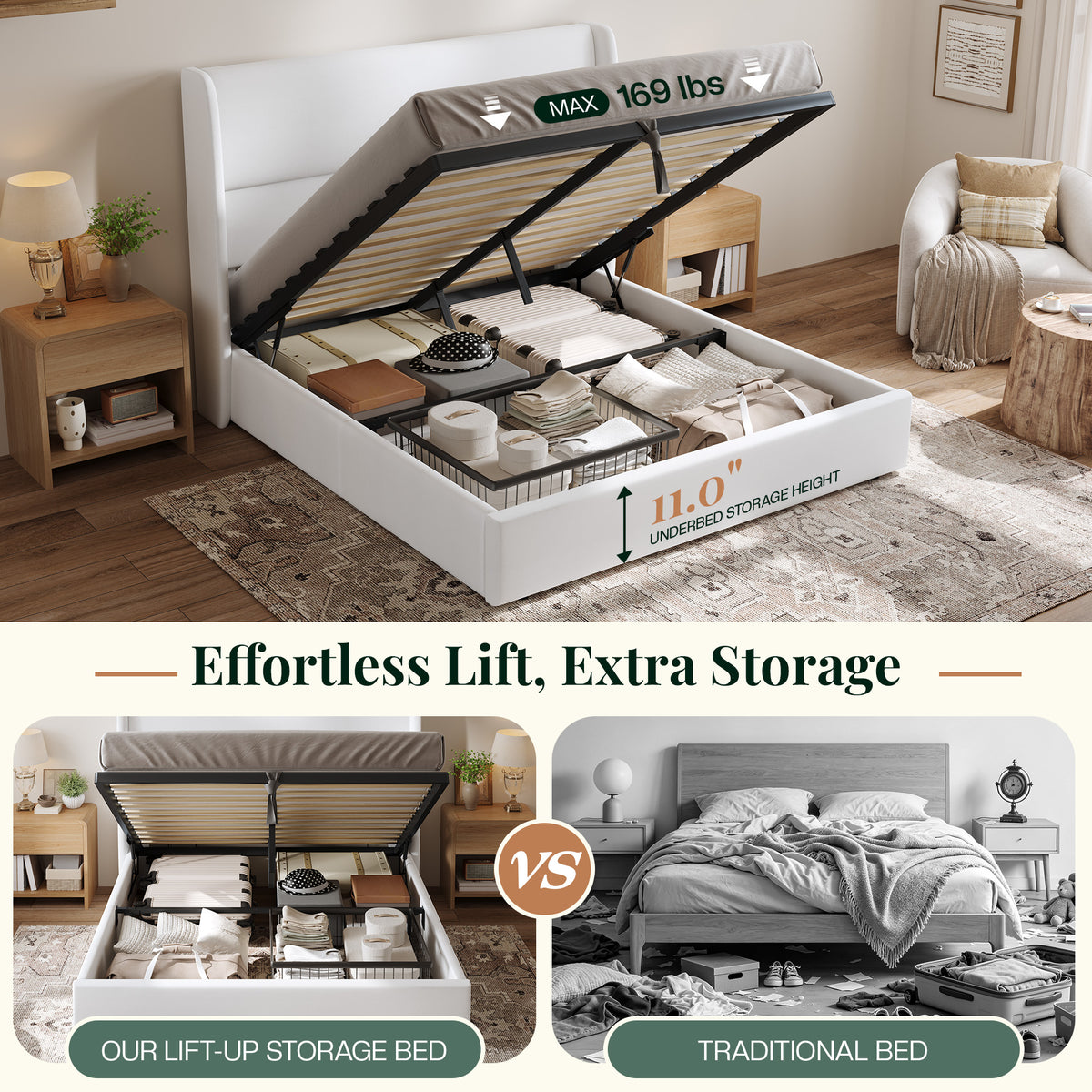 Haven Upholstered Hydraulic Storage Bed Frame-King-White