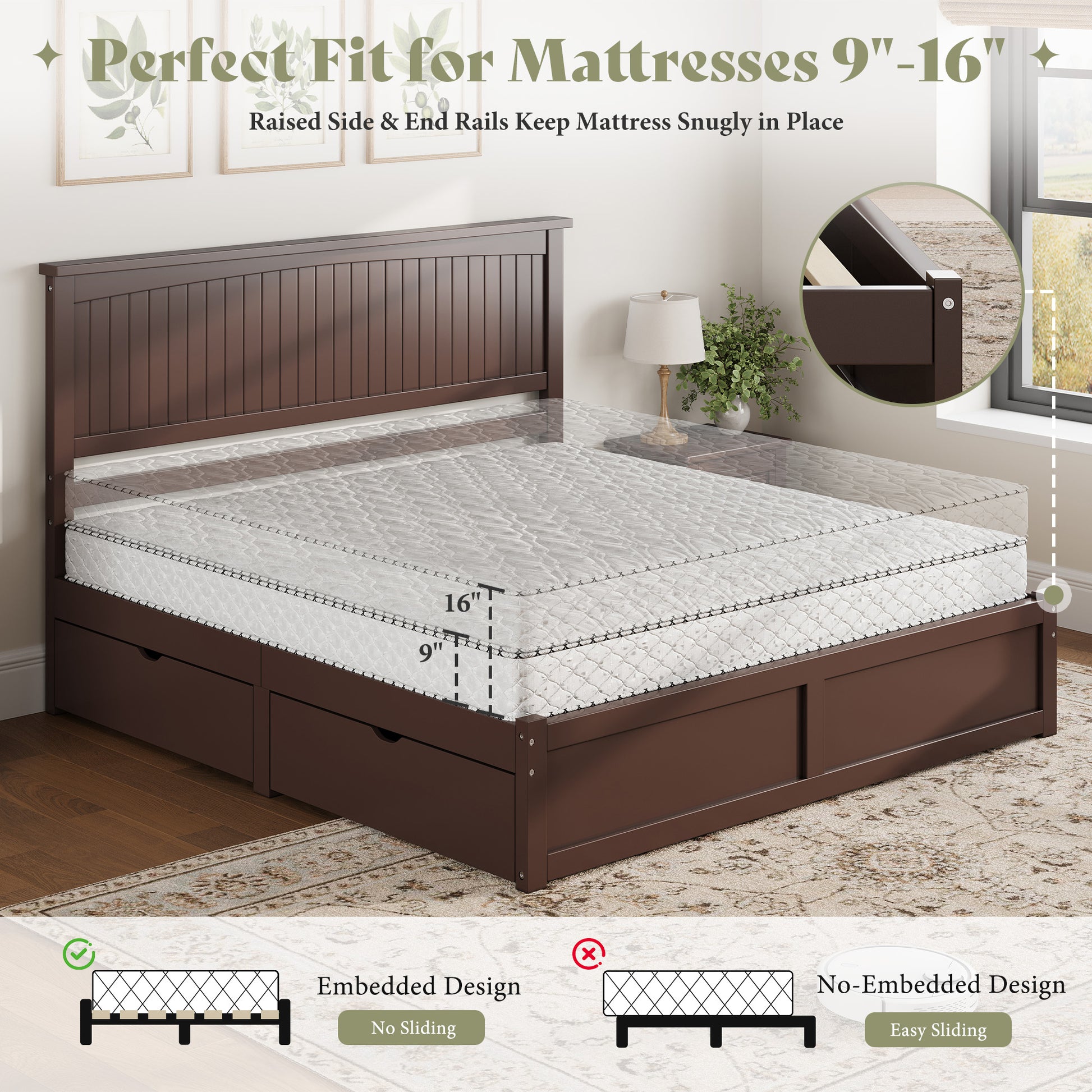 Solid Wood Platform Bed Frame-King-Espresso Brown