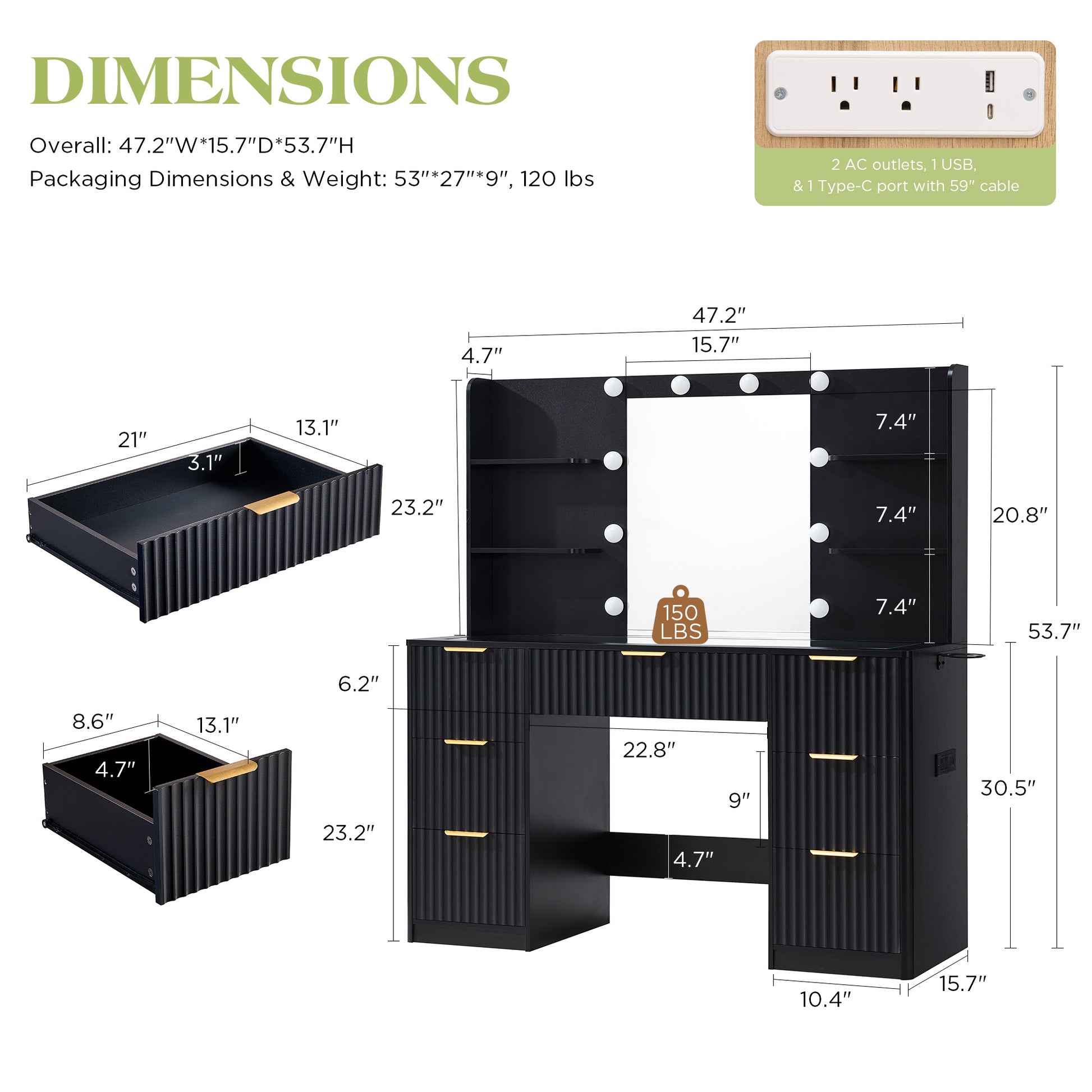 Glow 47.2" Fluted Vanity Desk Amerlife Black