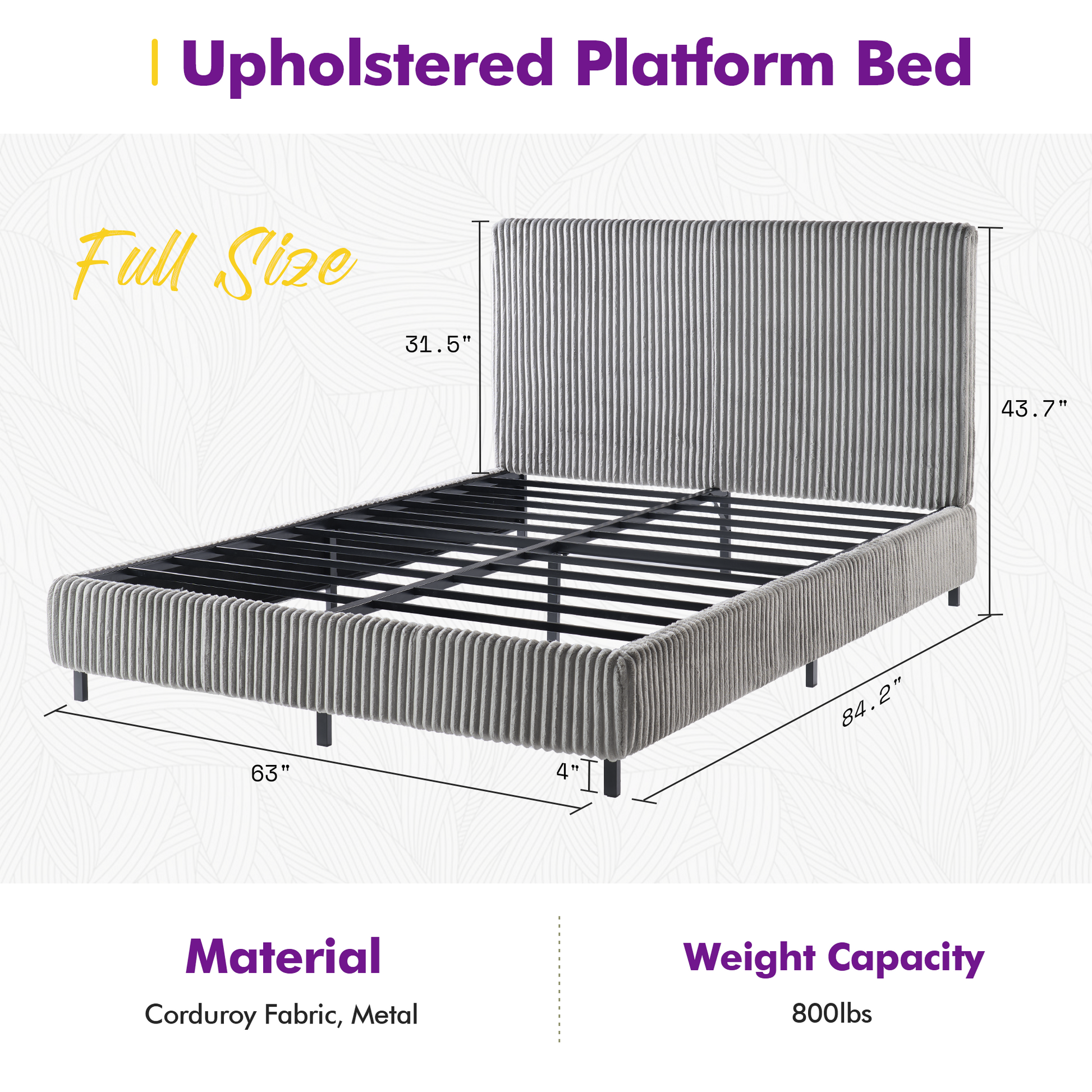Velmure Corduroy Platform Bed Frame  Full / Grey