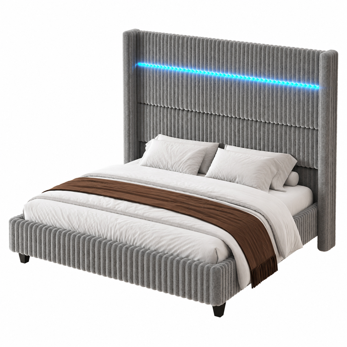 Warren Upholstered Bed Frame with LED Lights-King-Grey