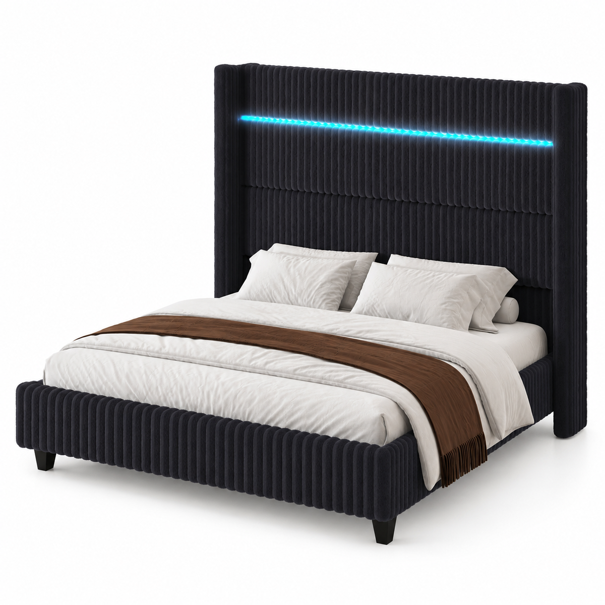Warren Upholstered Bed Frame with LED Lights-Queen-Black