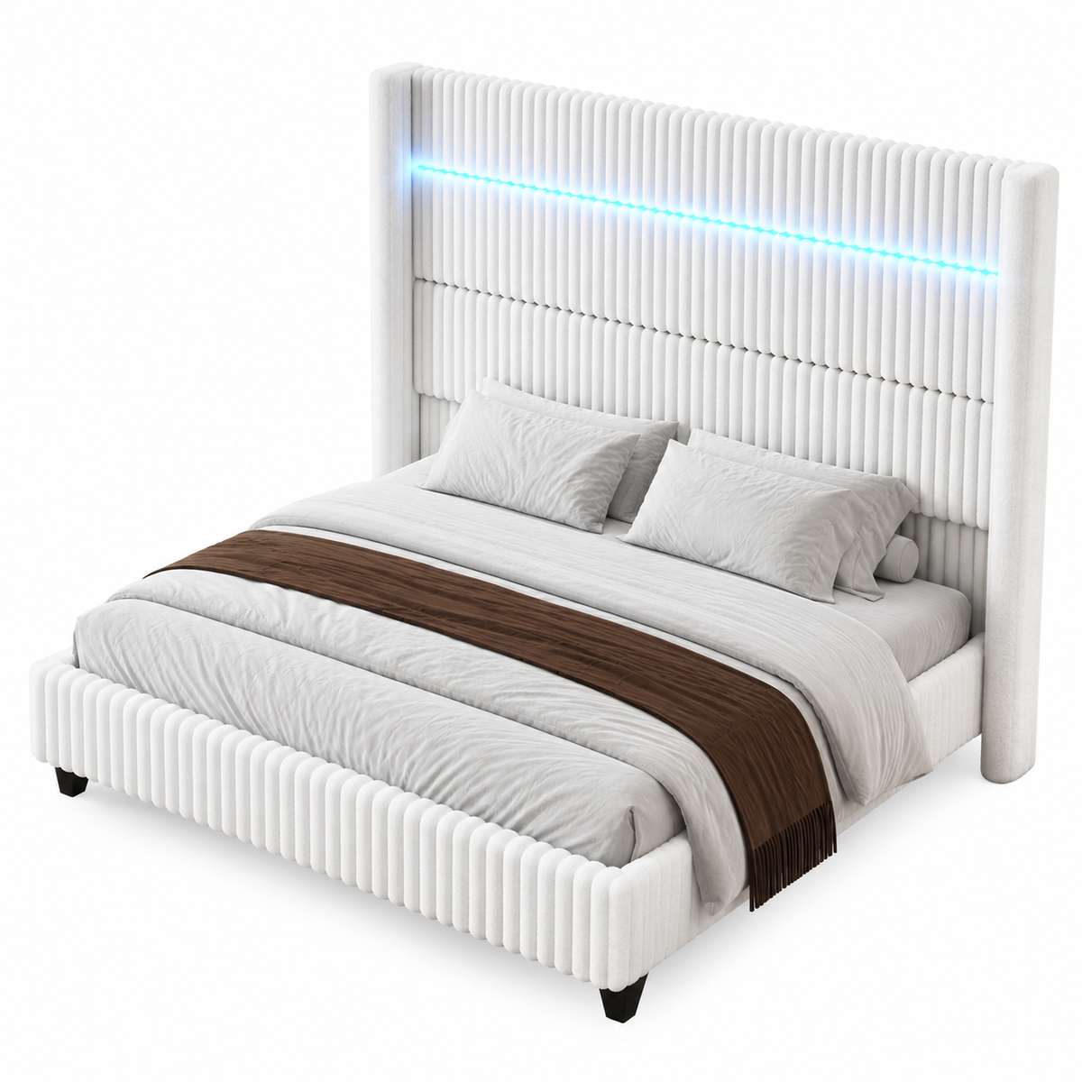 Warren Upholstered Bed Frame with LED Lights-King-White