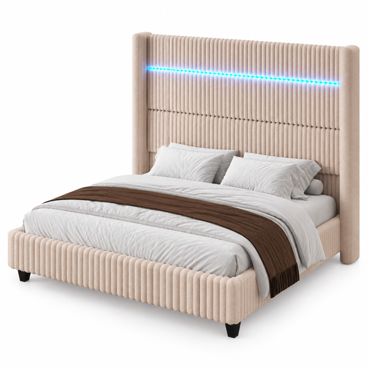 Warren Upholstered Bed Frame with LED Lights-California King-Beige