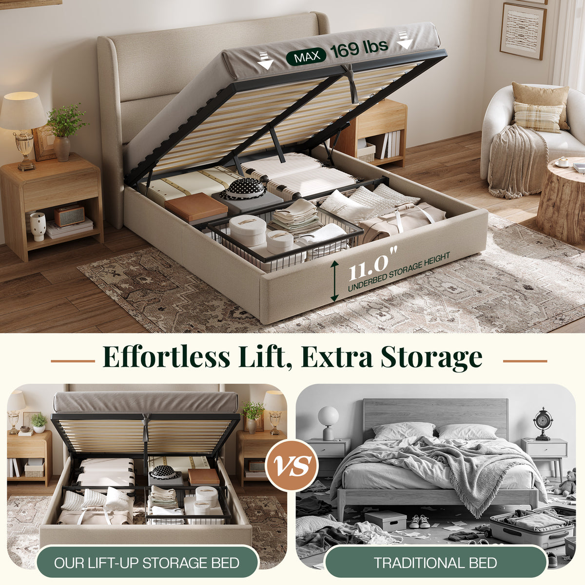 Haven Upholstered Hydraulic Storage Bed Frame-King-Khaki