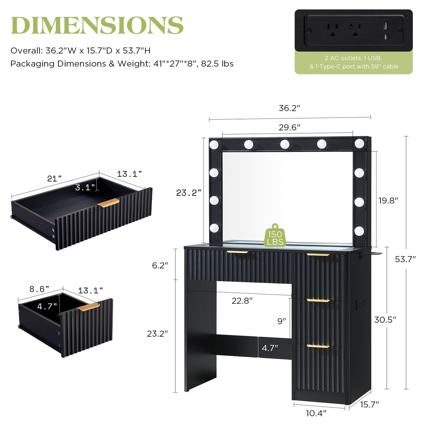 Glow 36.2" Fluted Vanity Desk Amerlife Black