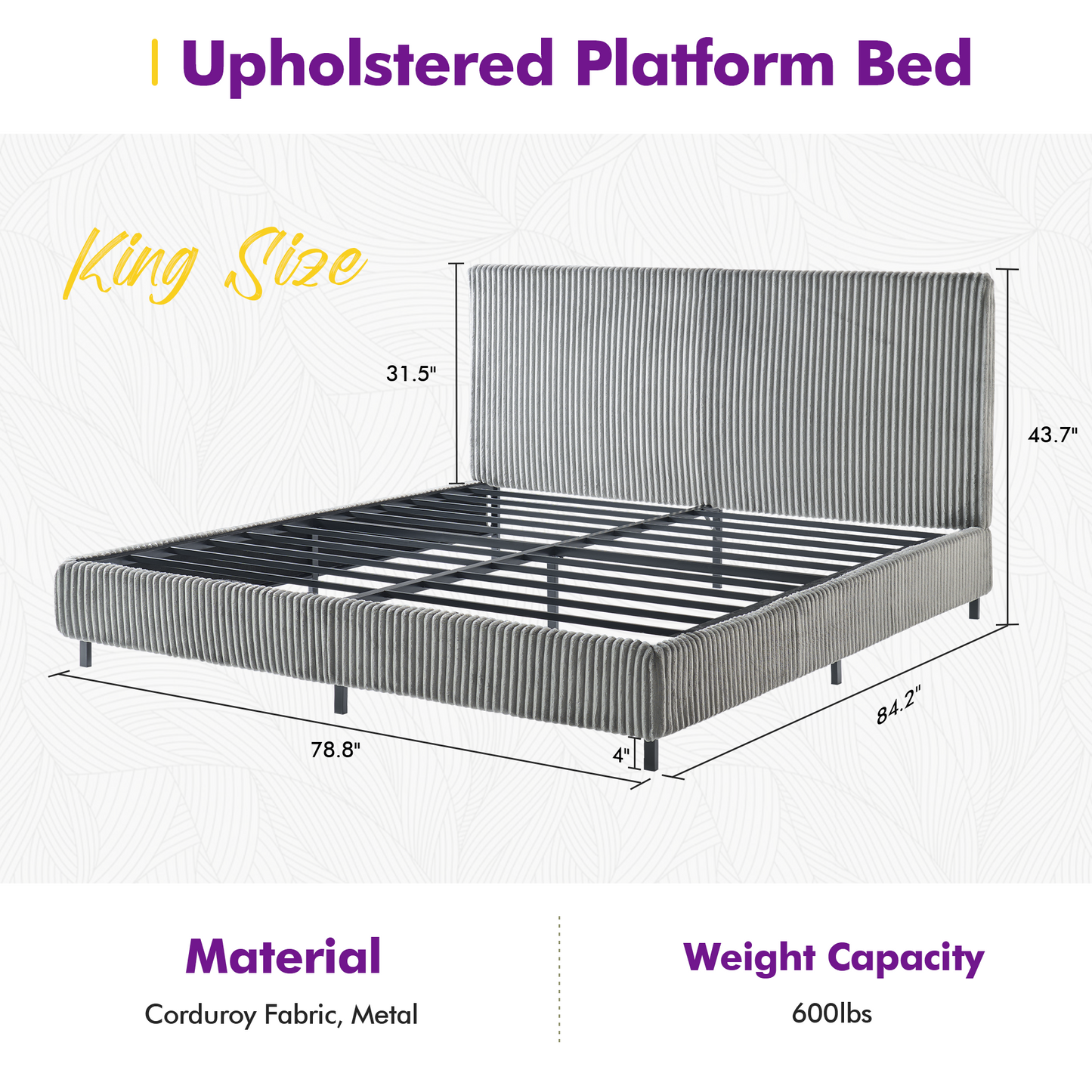 Velmure Corduroy Platform Bed Frame  Queen / Grey