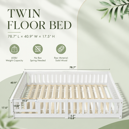 Solid Wood Toddler Floor Bed with Safety Rails
