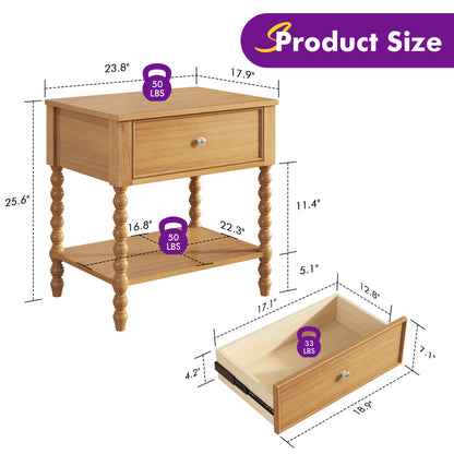 Spindle Solid Wood Nightstand  Natural Wood / 1PC