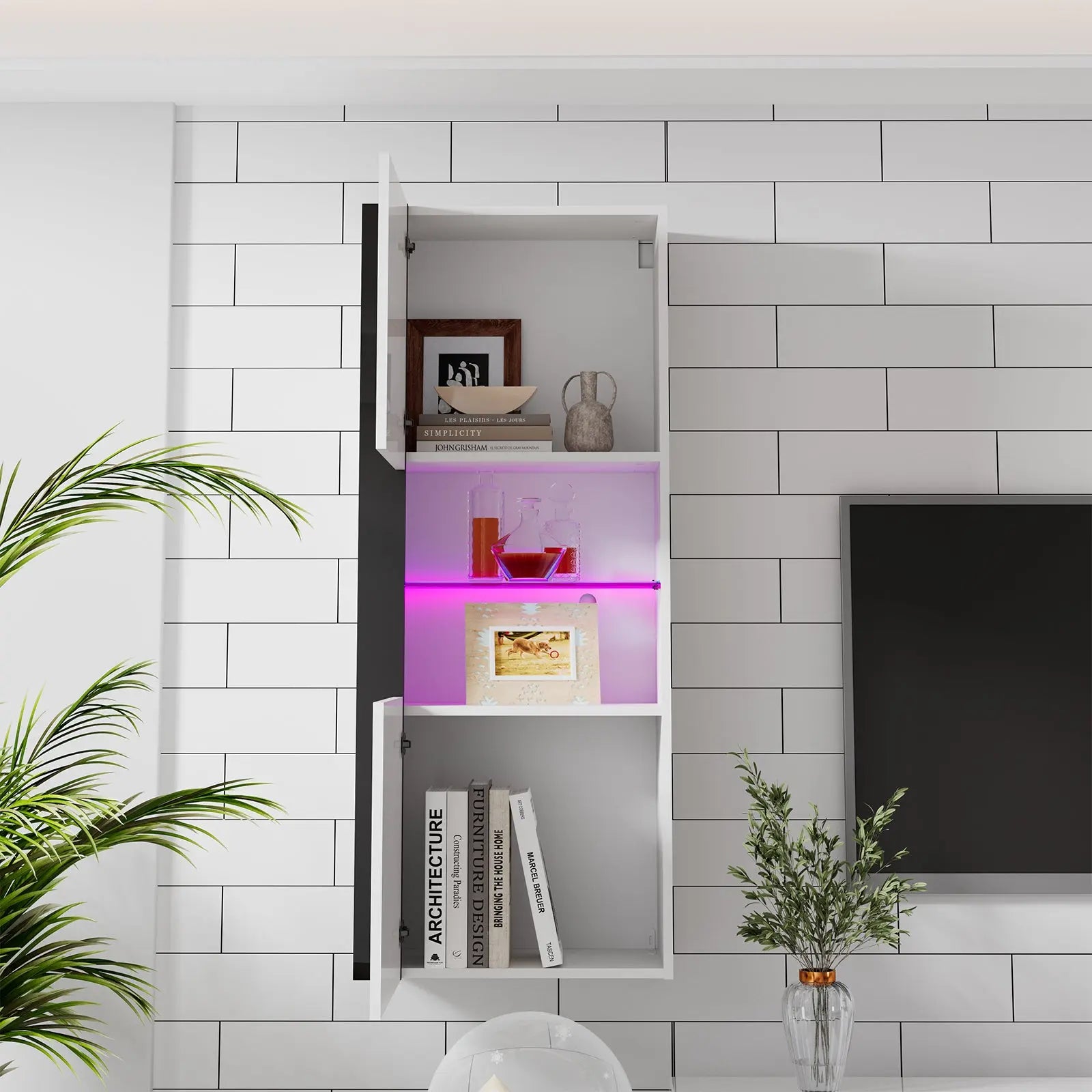 AMERLIFE Alcyon Wall Storage Cabinets with LED Lights Modern High Gloss Hanging Cabinets with 4 Closed Doors Open Glass Shelves Pair White