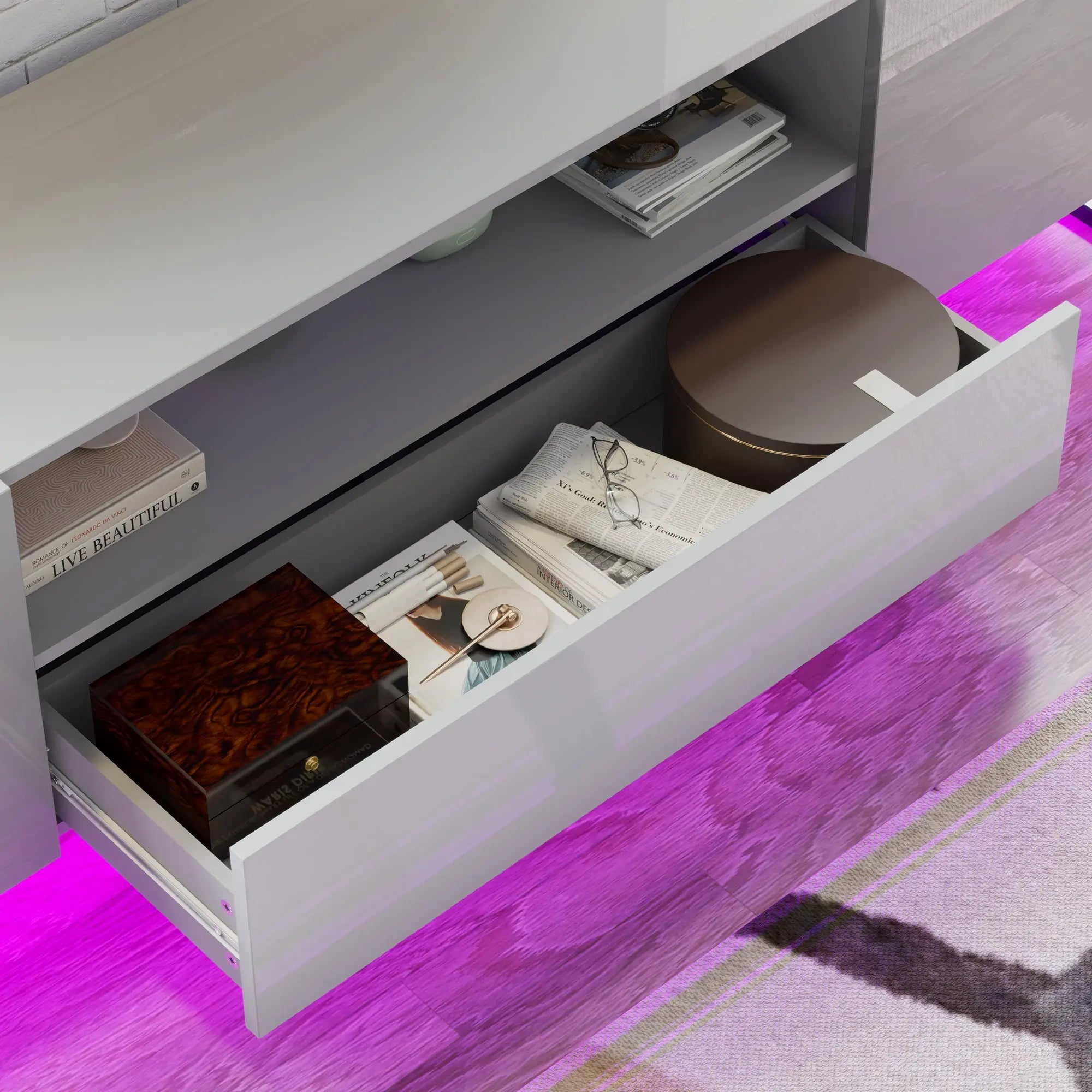 70 inch TV Stand with LED High Gloss TV Console with Cabinet Storage Amerlife