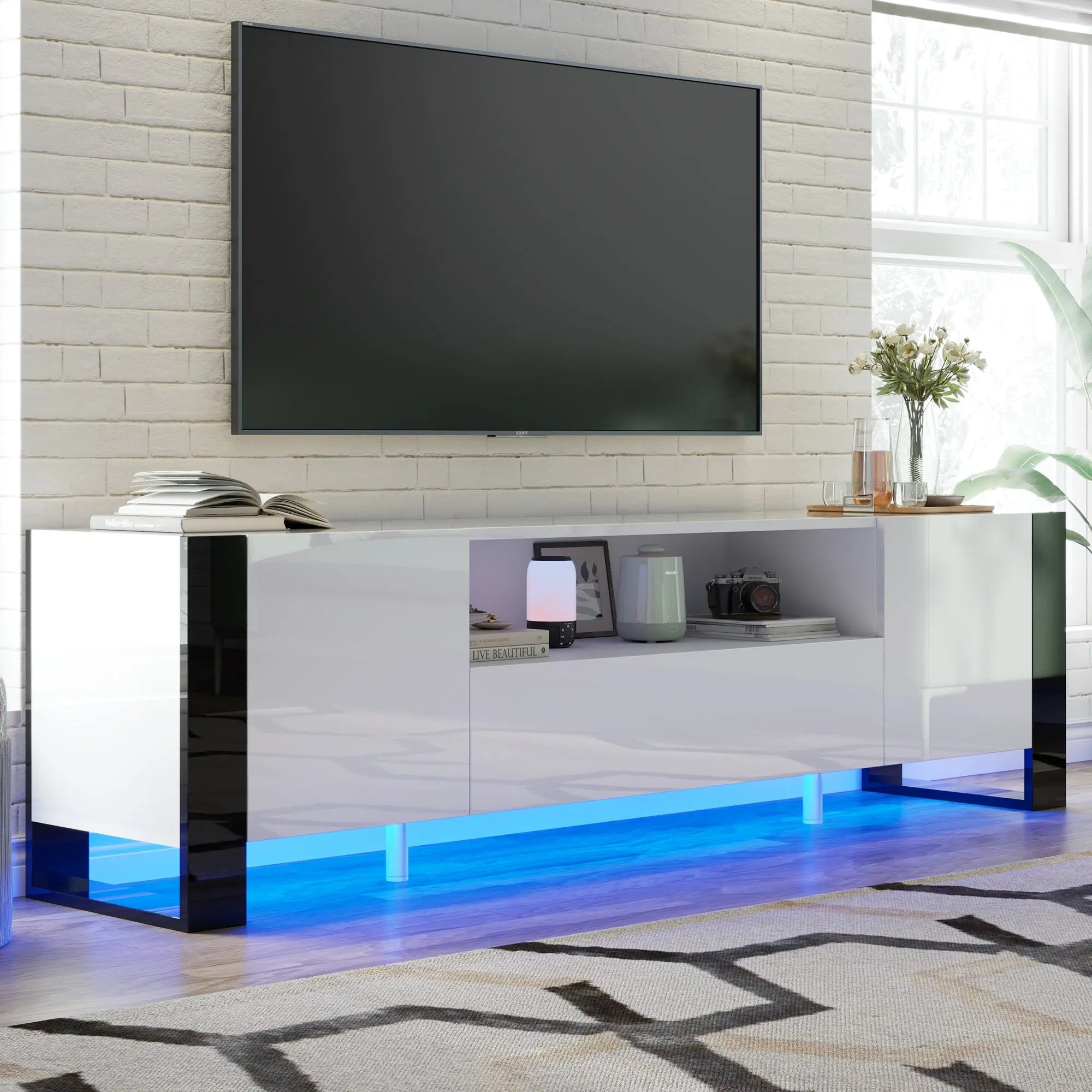 70 inch TV Stand with LED High Gloss TV Console with Cabinet Storage Amerlife