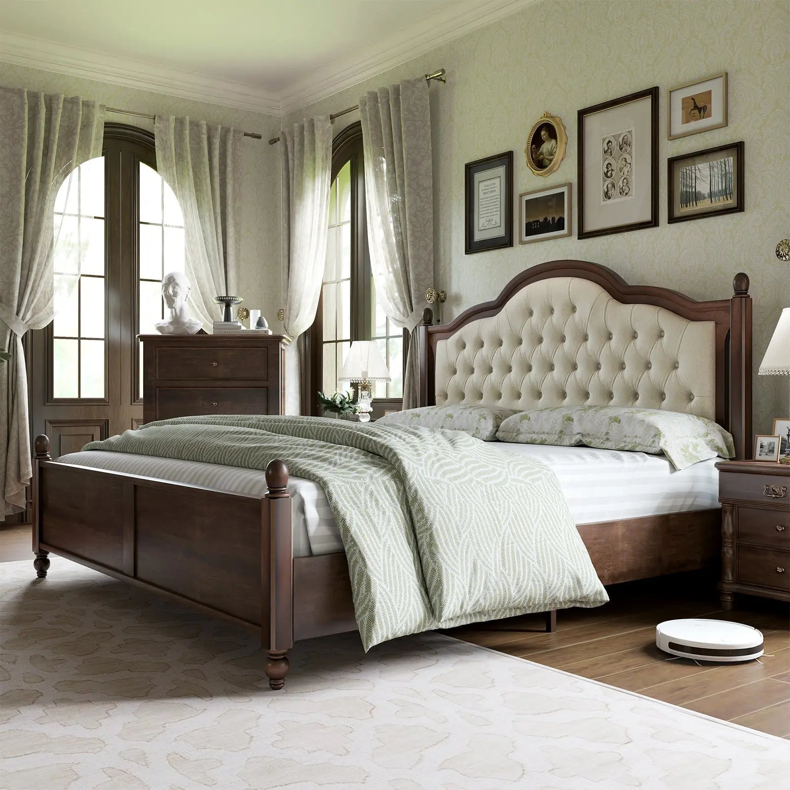 Amerlife Astor Solid Wood Bed Frame with Linen Upholstered Headboard King Size Wood Platform Bed with Wood Slats No Box Spring Needed Easy Assembly