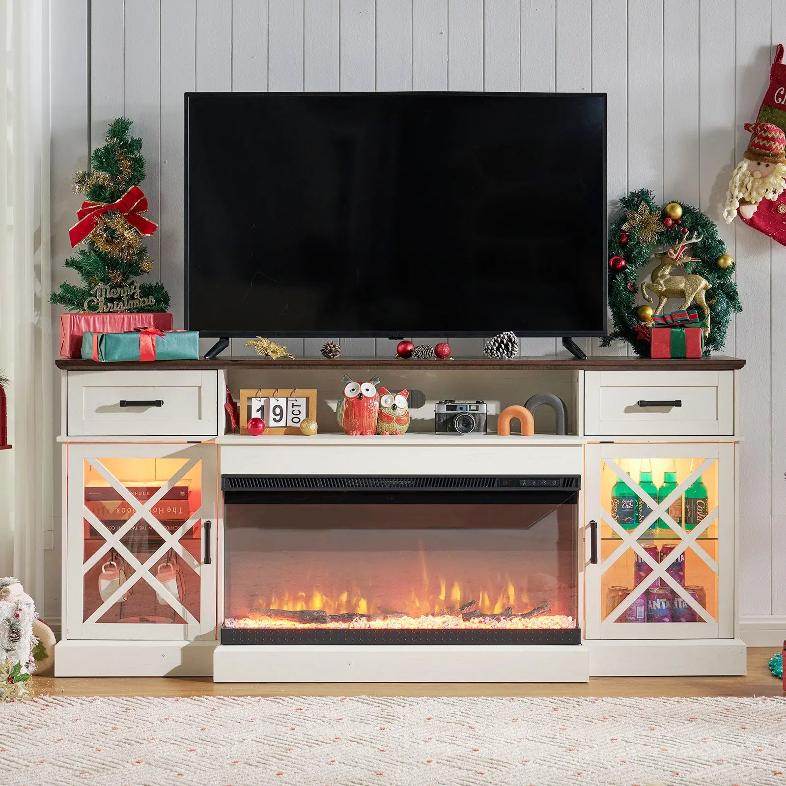 Farmhouse LED 70 TV Stand with 3 Sided Fireplace TVS Up to 80 Barnwood White