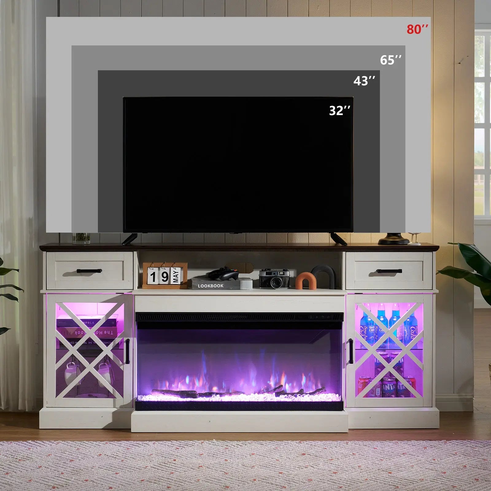 Farmhouse LED 70 TV Stand with 3 Sided Fireplace TVS Up to 80 Barnwood White