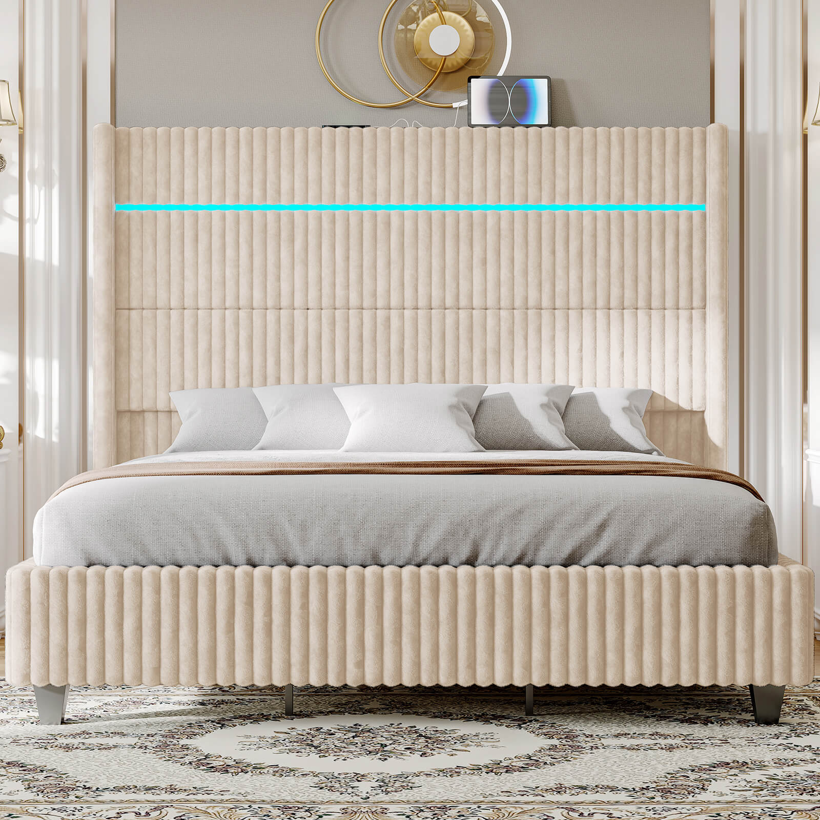 Yaheetech Gewatteerd tweepersoonsbed lattenbodem van hout 140 x 200 cm met hoofdeinde in lichtgrijs gestreept Yaheetech Gewatteerd tweepersoonsbed lattenbodem van hout 140 x 200 cm met hoofdeinde in lichtgrijs gestreept