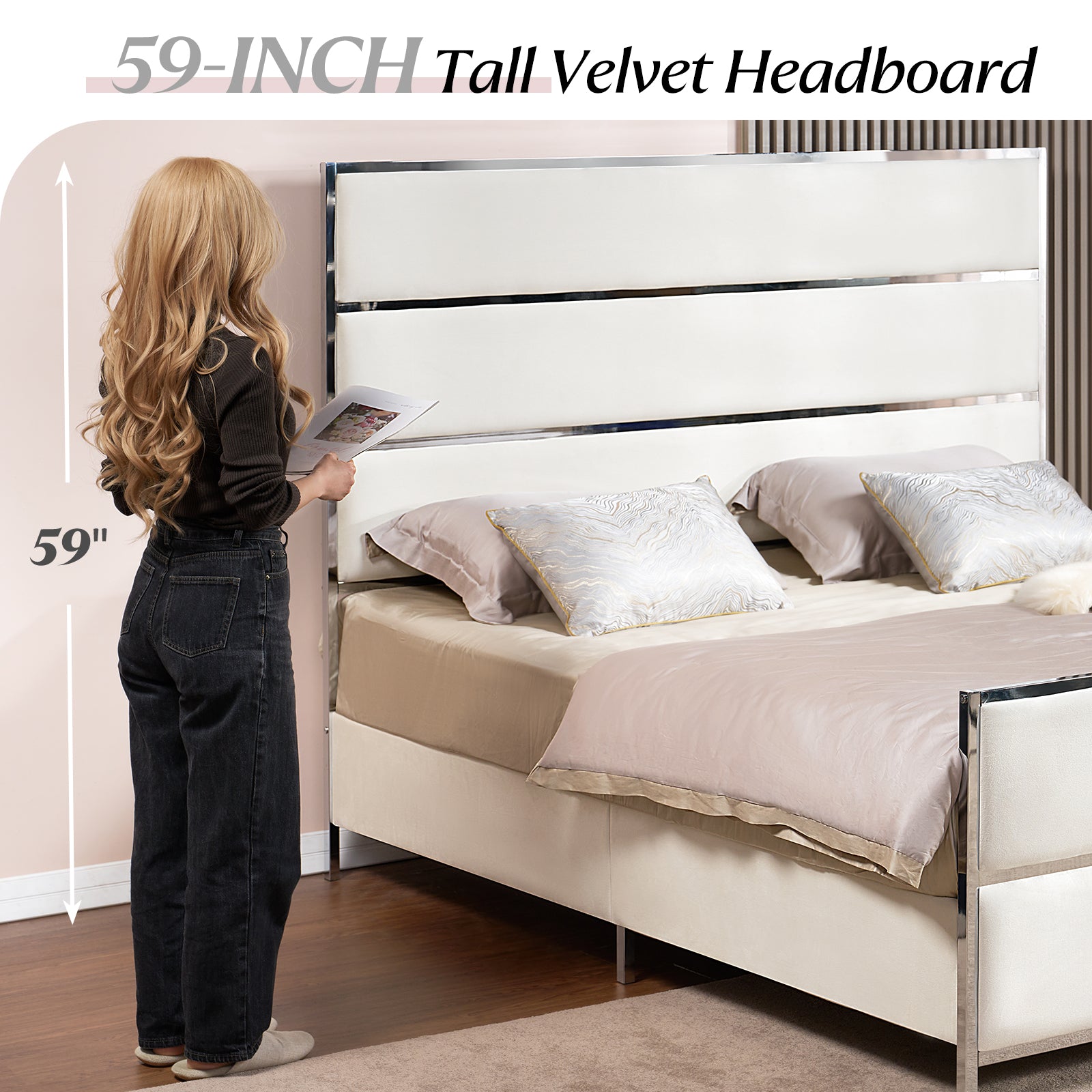 Amerlife Sterling Bed Frame Queen Size 59 Tall Headboard Velvet Upholstered Platform Bed with Channel Tufted and Silver Trim Footboard