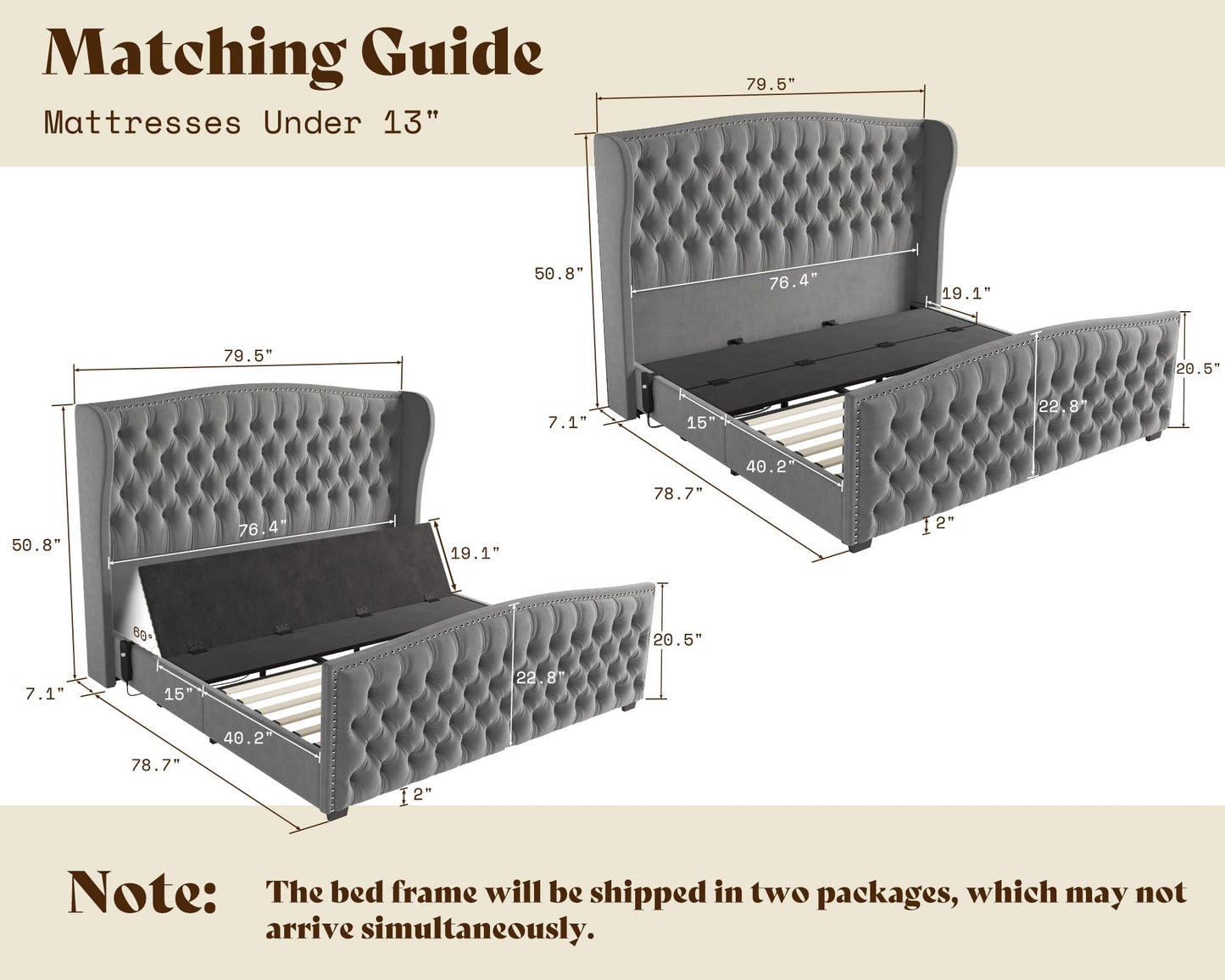Astoria 51"H Adjustable Bed Frame Amerlife King / Grey