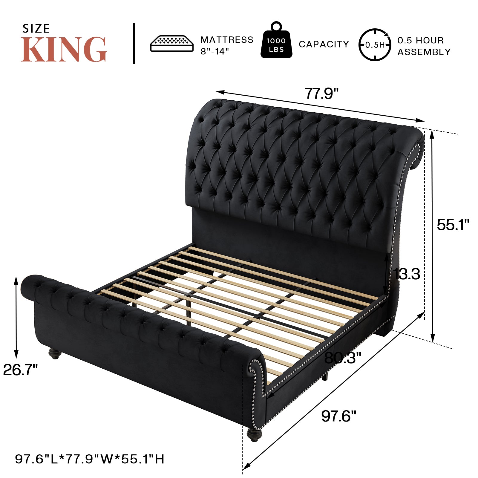 Windsor Sleigh Bed Frame Amerlife-K Black