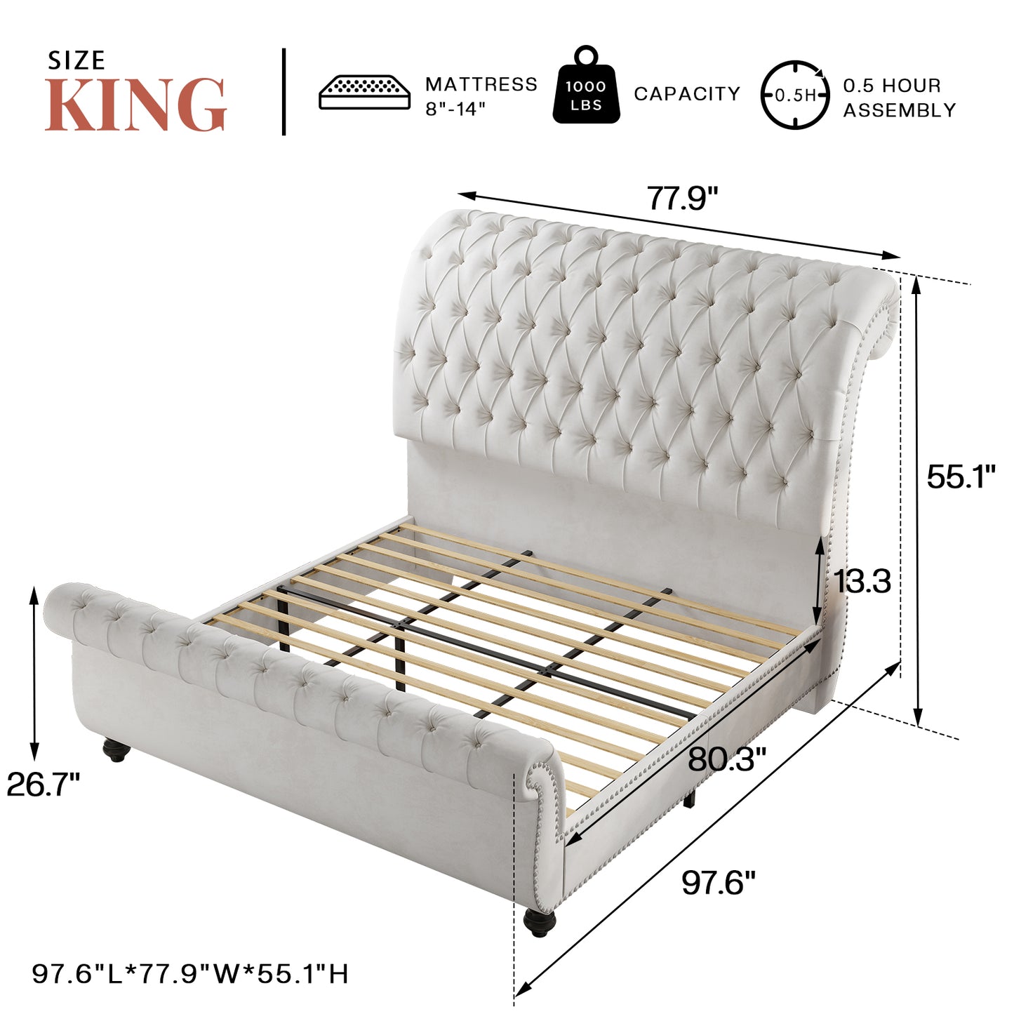Windsor Sleigh Bed Frame Amerlife-K White