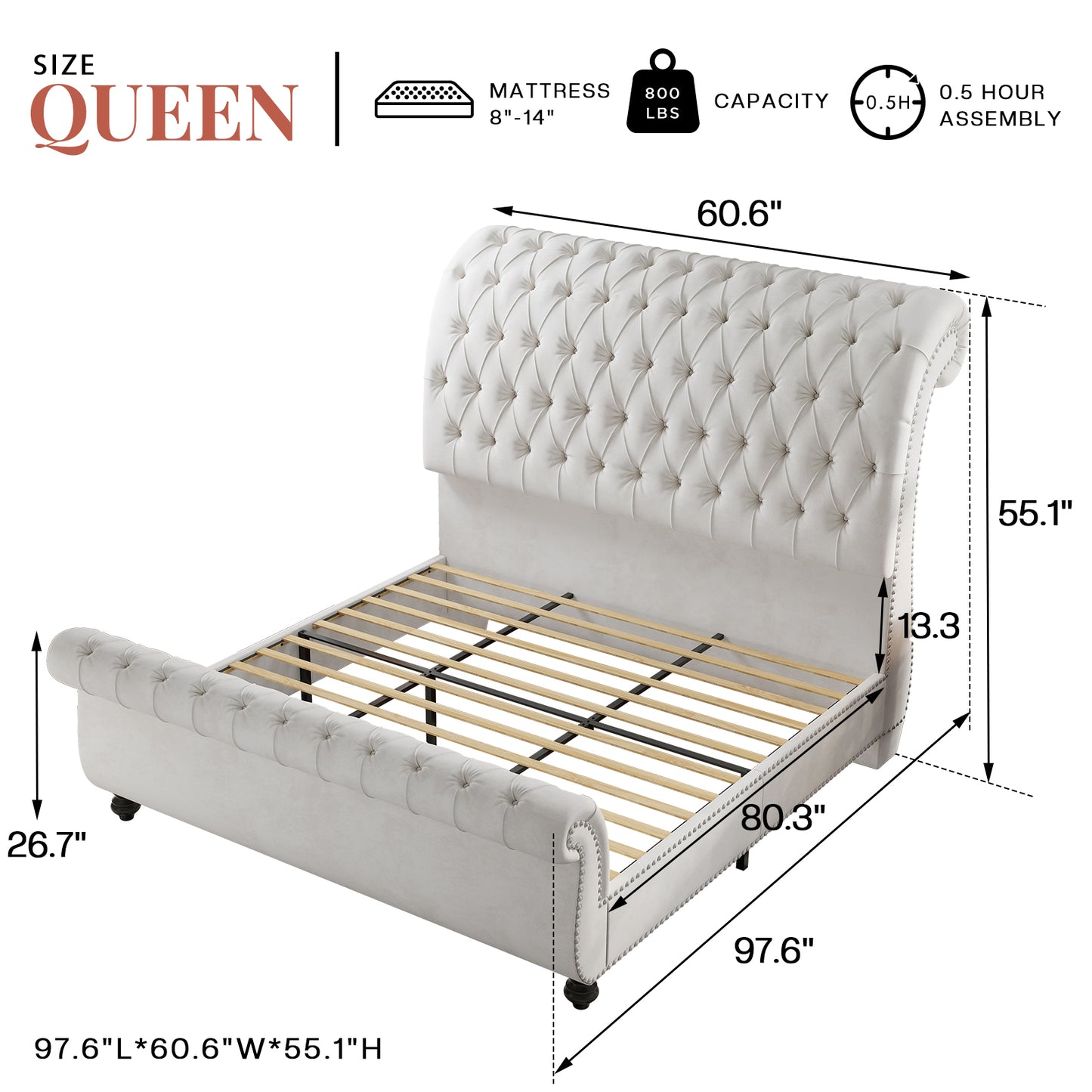Windsor Sleigh Bed Frame Amerlife-Q White