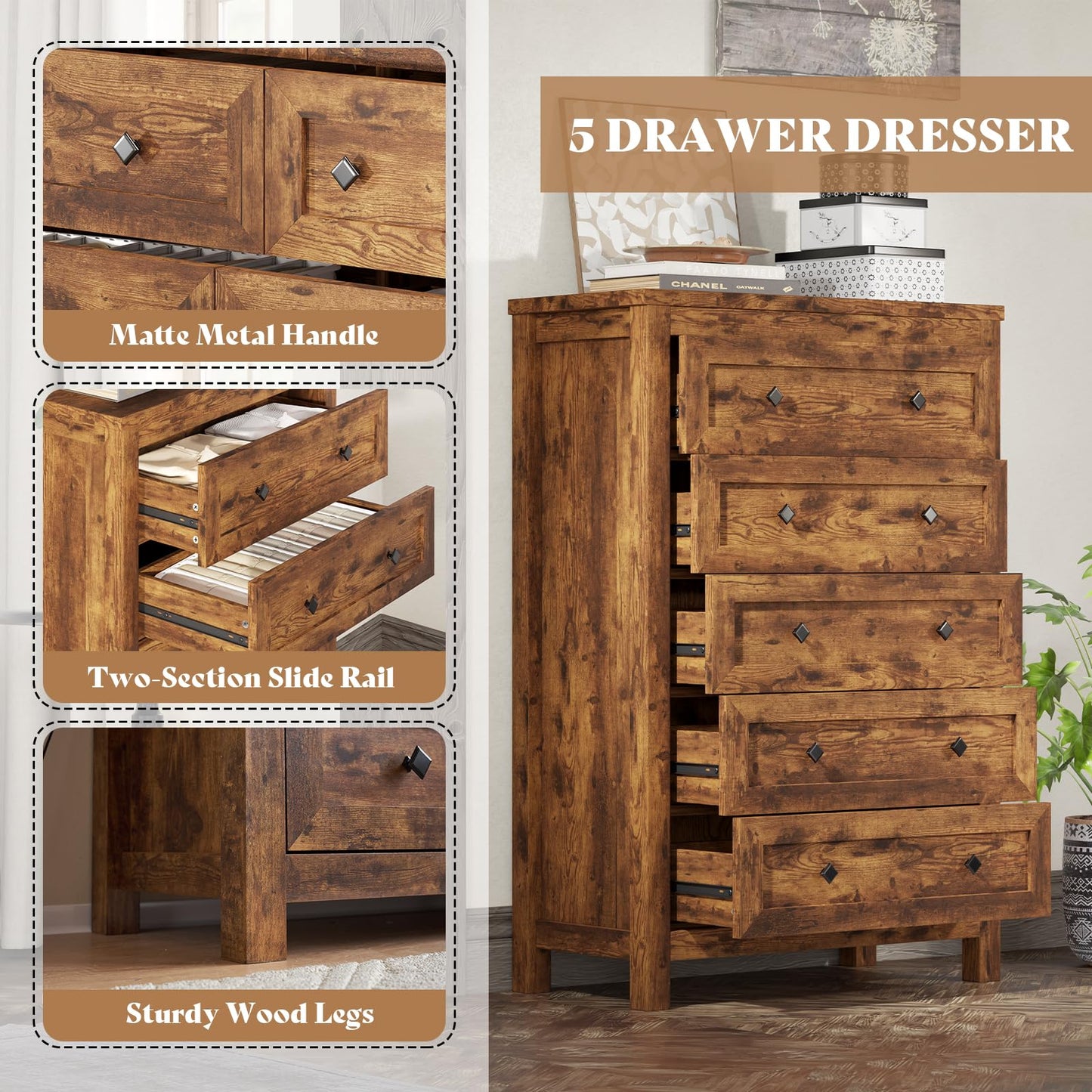 Camden Farmhouse Queen Bed & 5-Drawer Dresser Set Amerlife