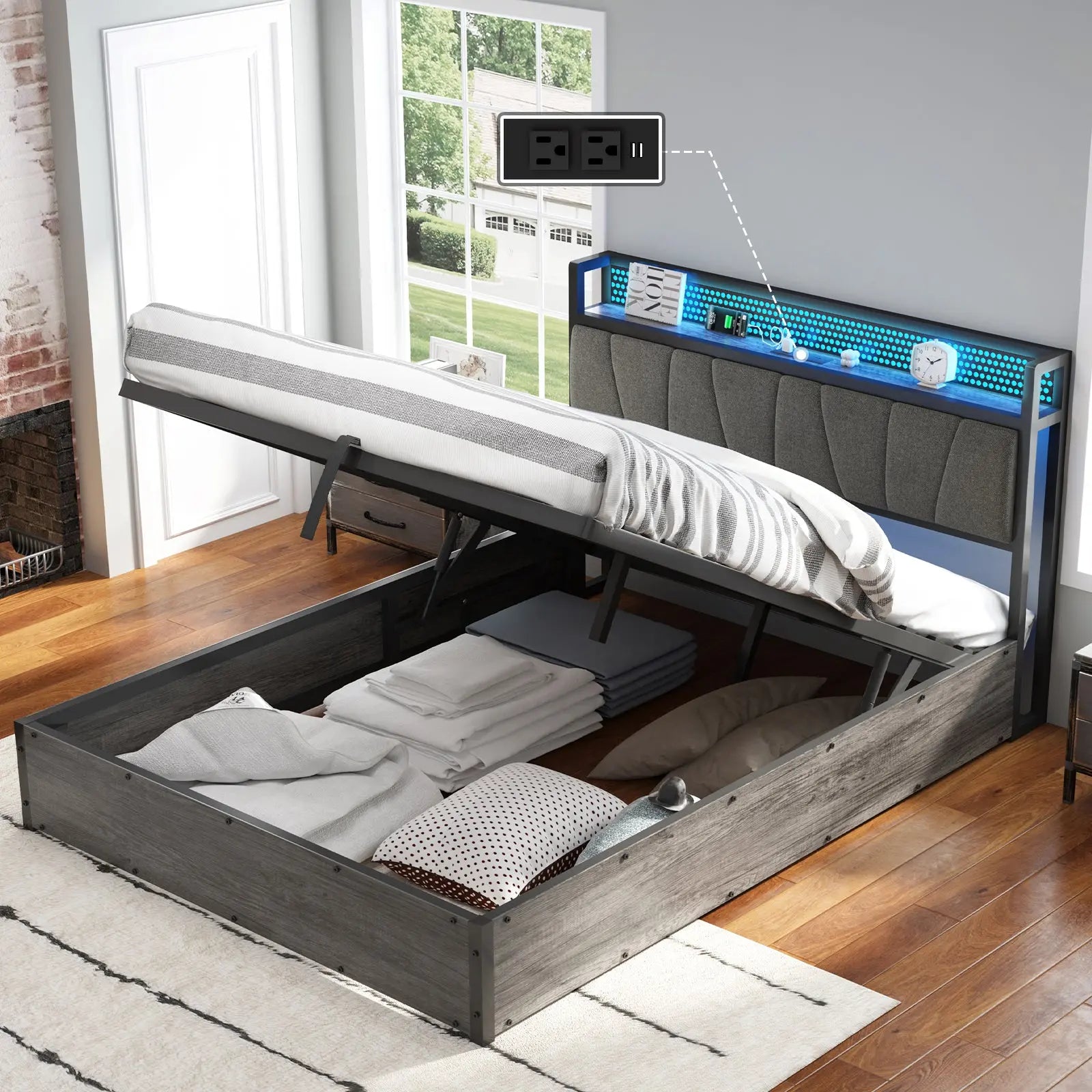 Amerlife Reno Queen Lift Up Storage Bed Frame with LED Lights Linen Upholstered Headboard with Charging Station Wooden LED Light Platform Bed Frame
