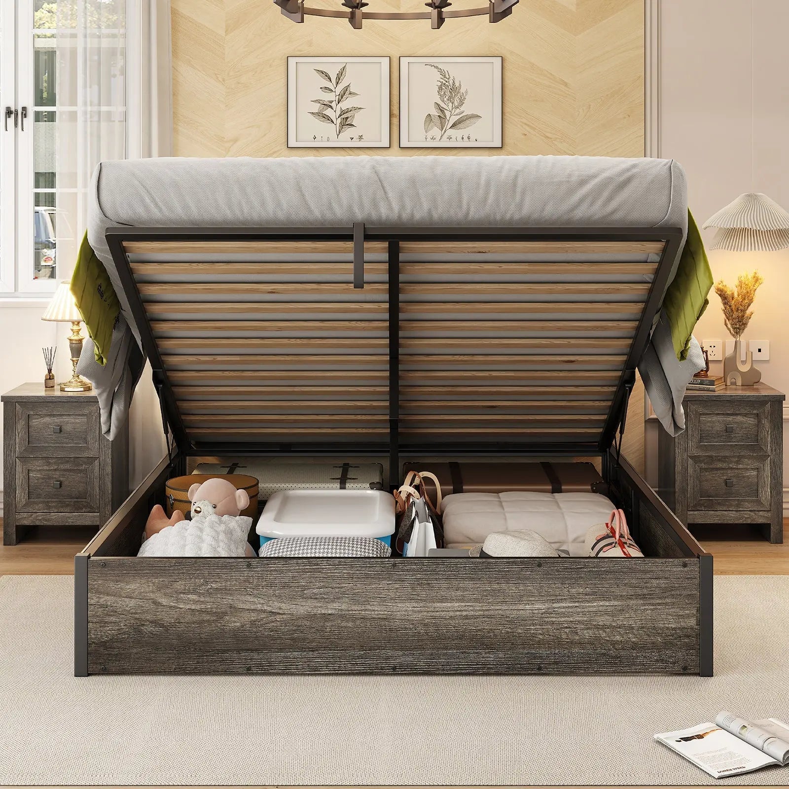 AMERLIFE Cody King Lift Up Storage Platform Bed Frame Metal Bed Frame with Wooden Slats Support Rustic Grey