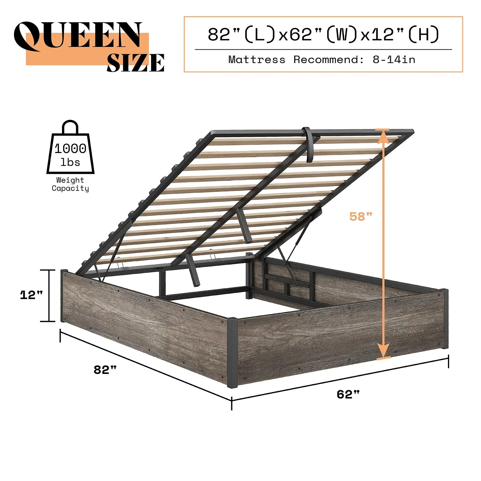 Amerlife Cody Queen Lift Up Storage Platform Bed Frame