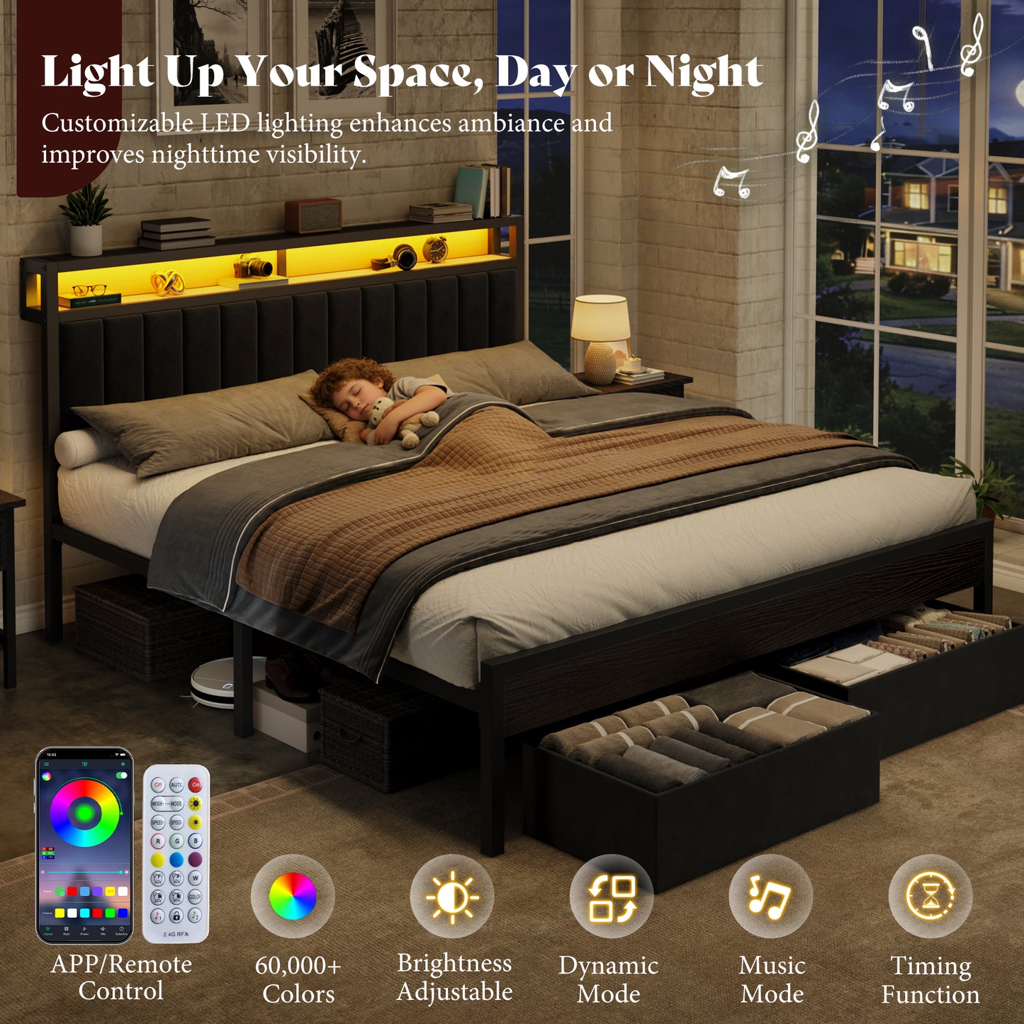 Veltrix LED Storage Velvet Bed Frame Amerlife King / Black