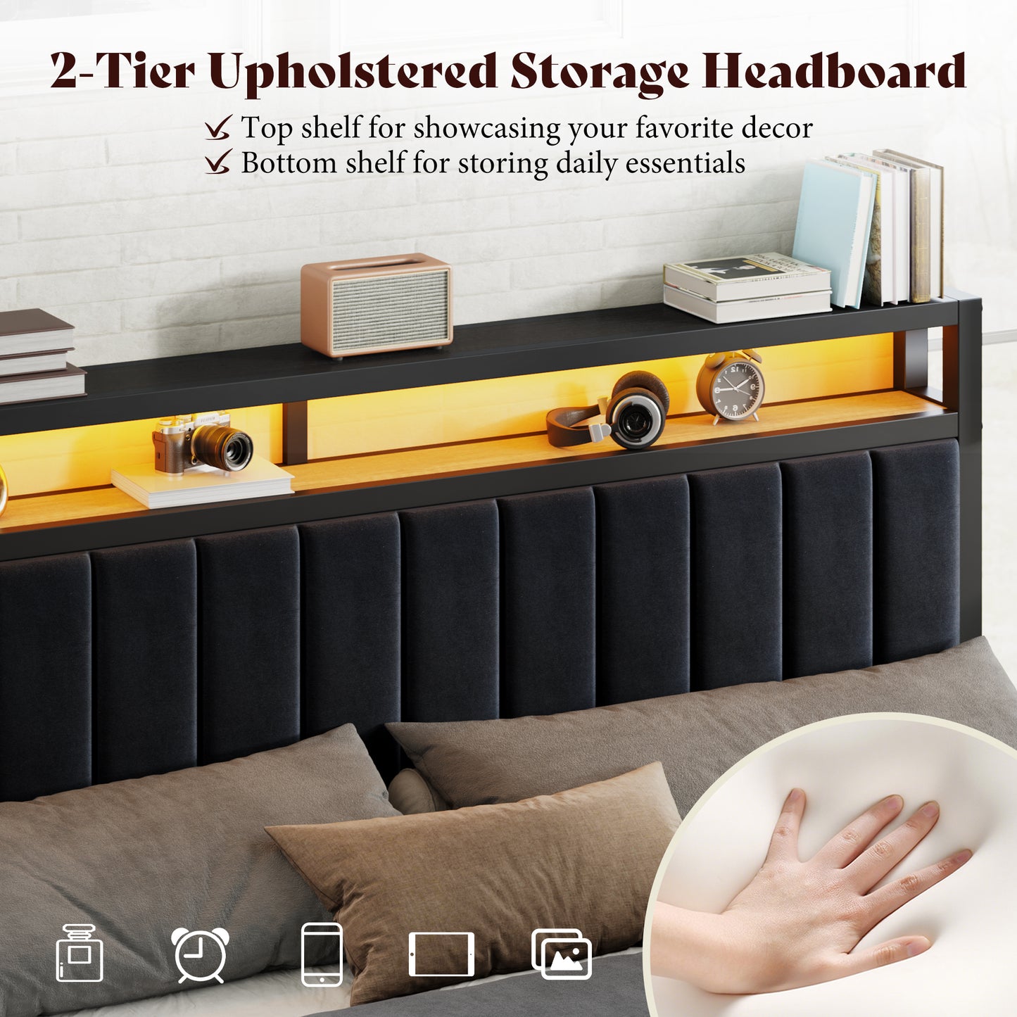 Veltrix LED Storage Velvet Bed Frame Amerlife King / Black