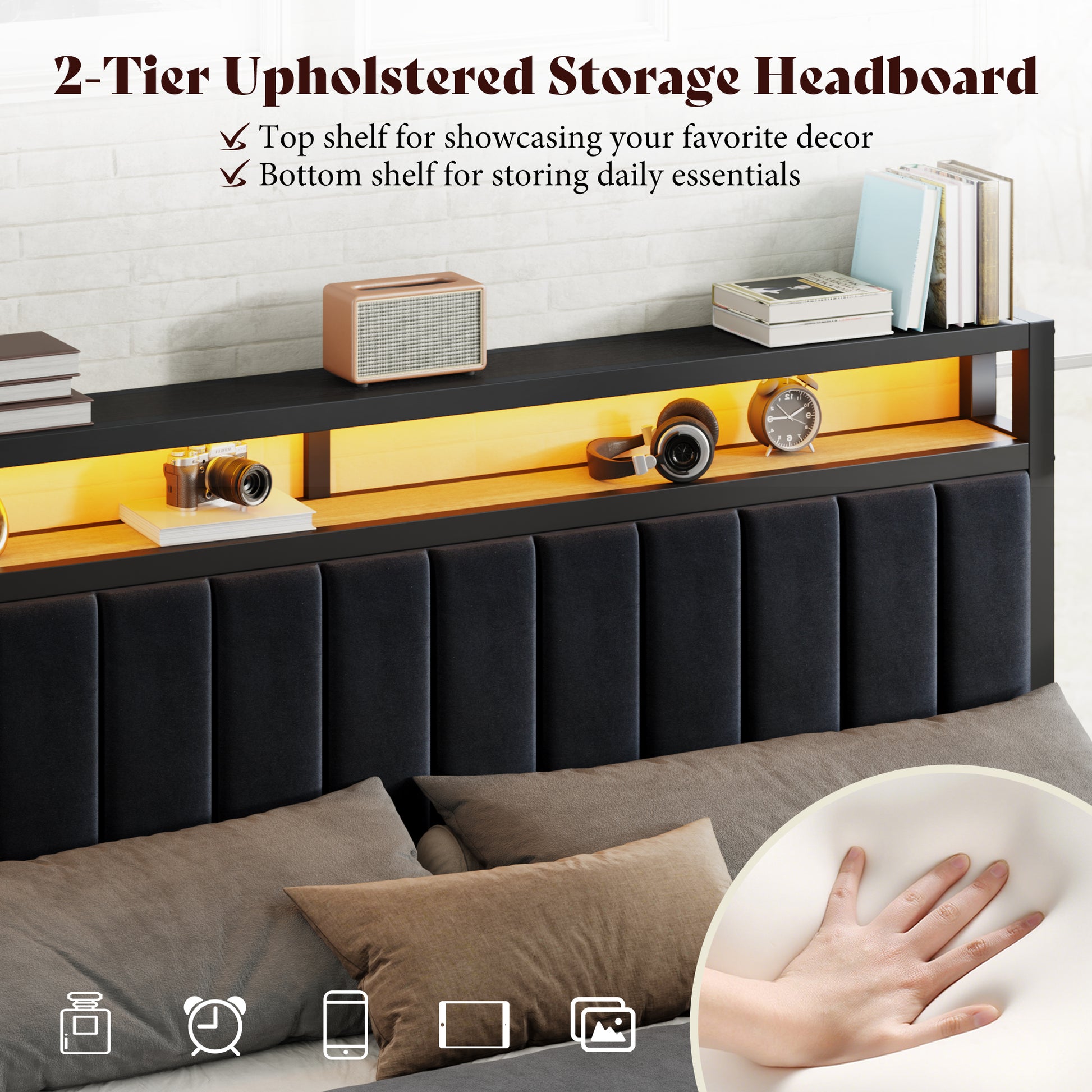 Veltrix LED Storage Velvet Bed Frame Amerlife King / Black