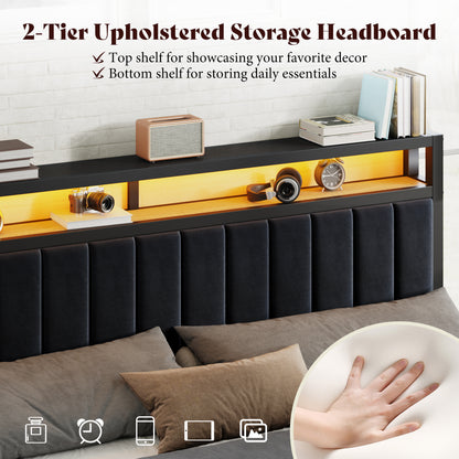 Veltrix LED Storage Velvet Bed Frame Amerlife King / Black