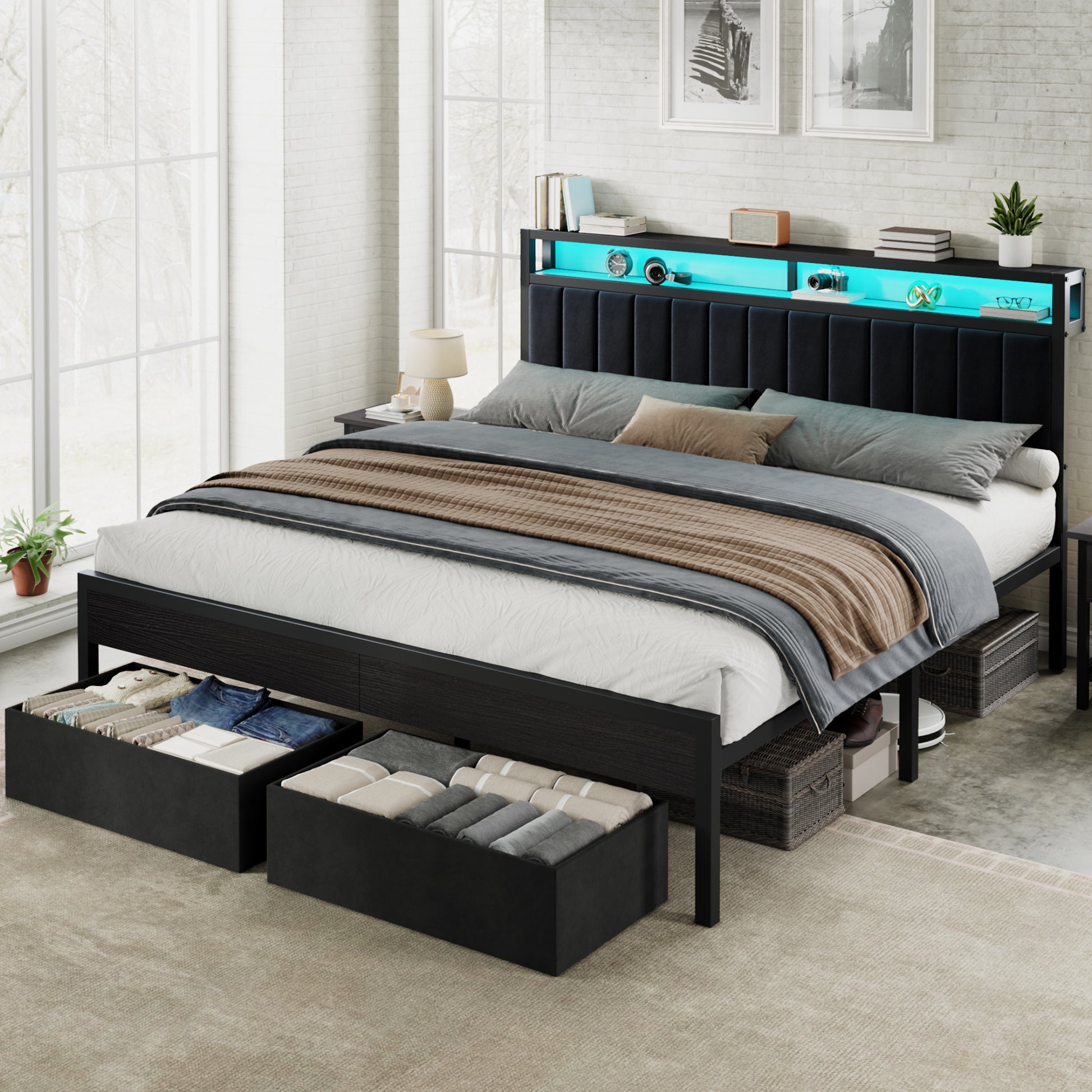 Veltrix LED Storage Velvet Bed Frame Amerlife King / Black