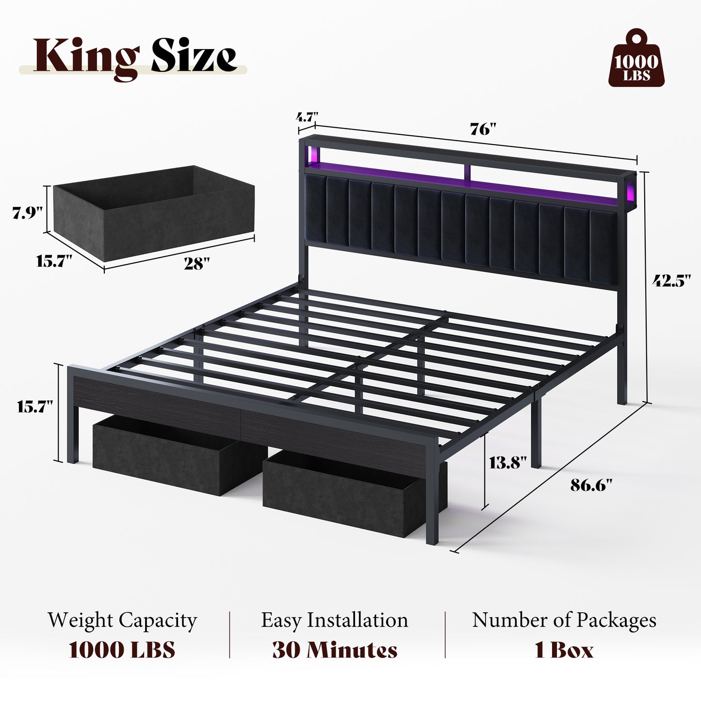 Veltrix LED Storage Velvet Bed Frame Amerlife King / Black