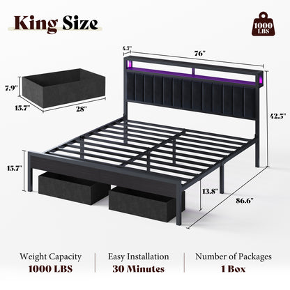 Veltrix LED Storage Velvet Bed Frame Amerlife King / Black