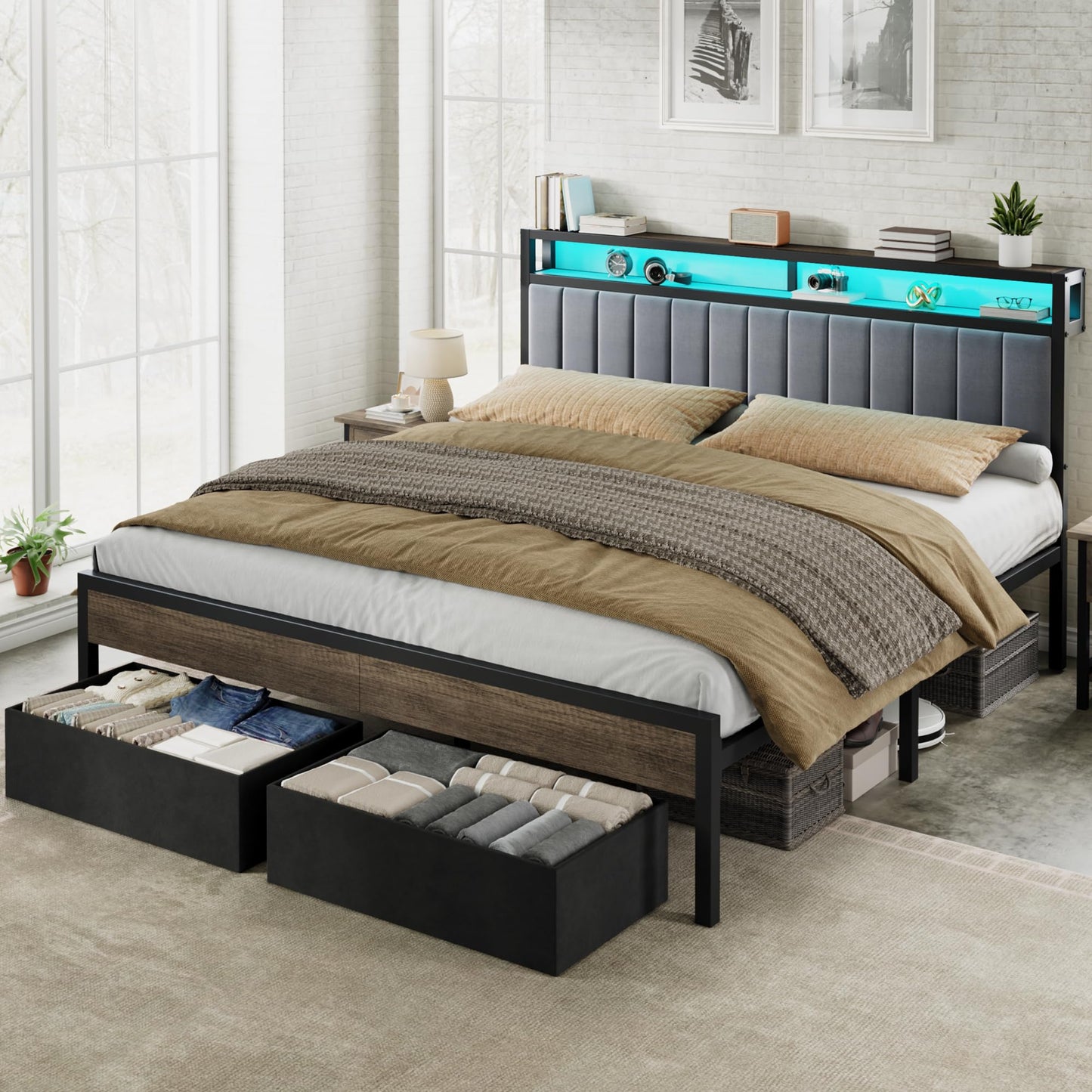 Veltrix LED Storage Velvet Bed Frame Amerlife  King / Grey