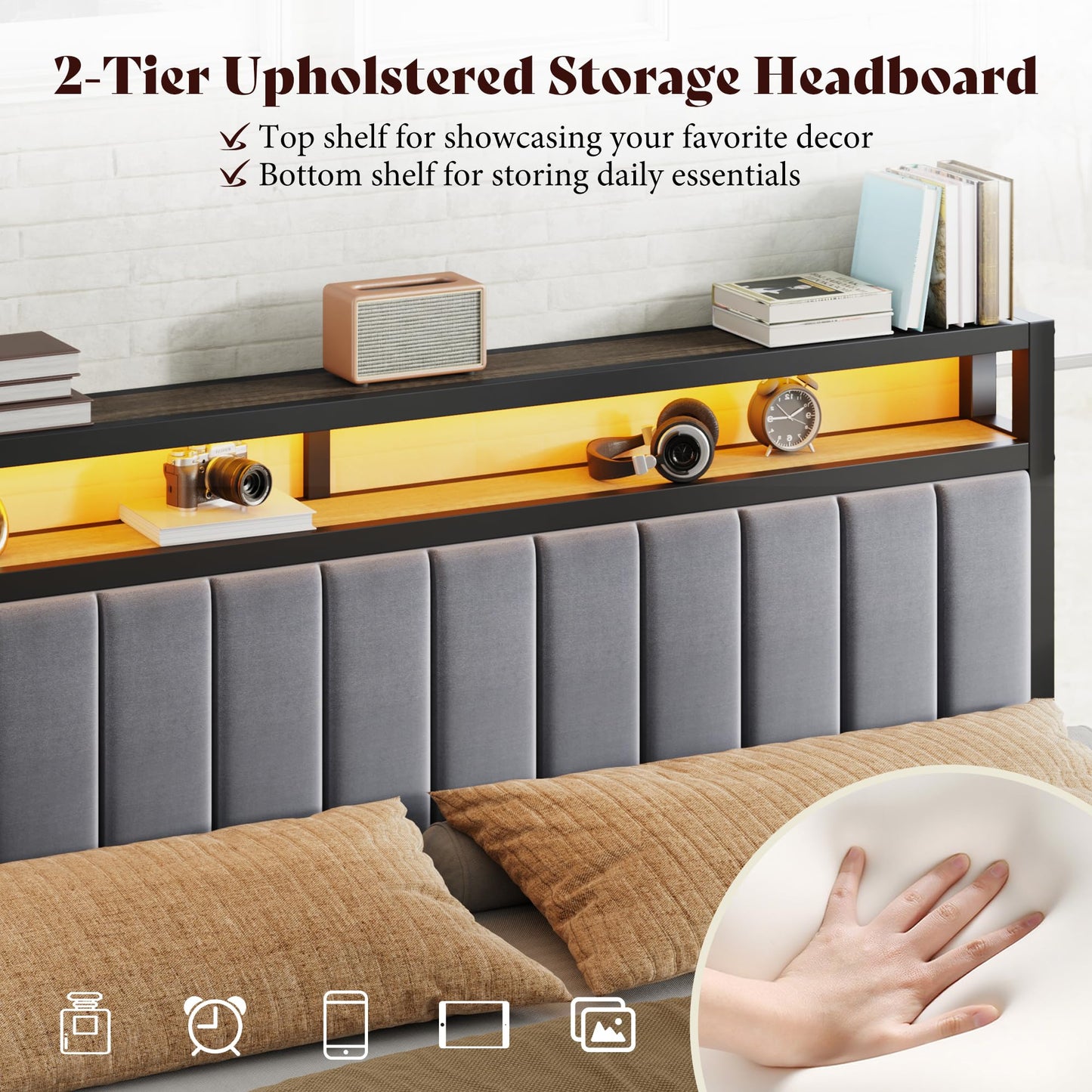 Veltrix LED Storage Velvet Bed Frame Amerlife  King / Grey