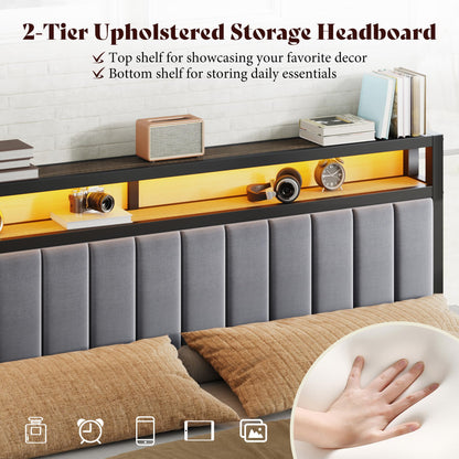 Veltrix LED Storage Velvet Bed Frame Amerlife  King / Grey