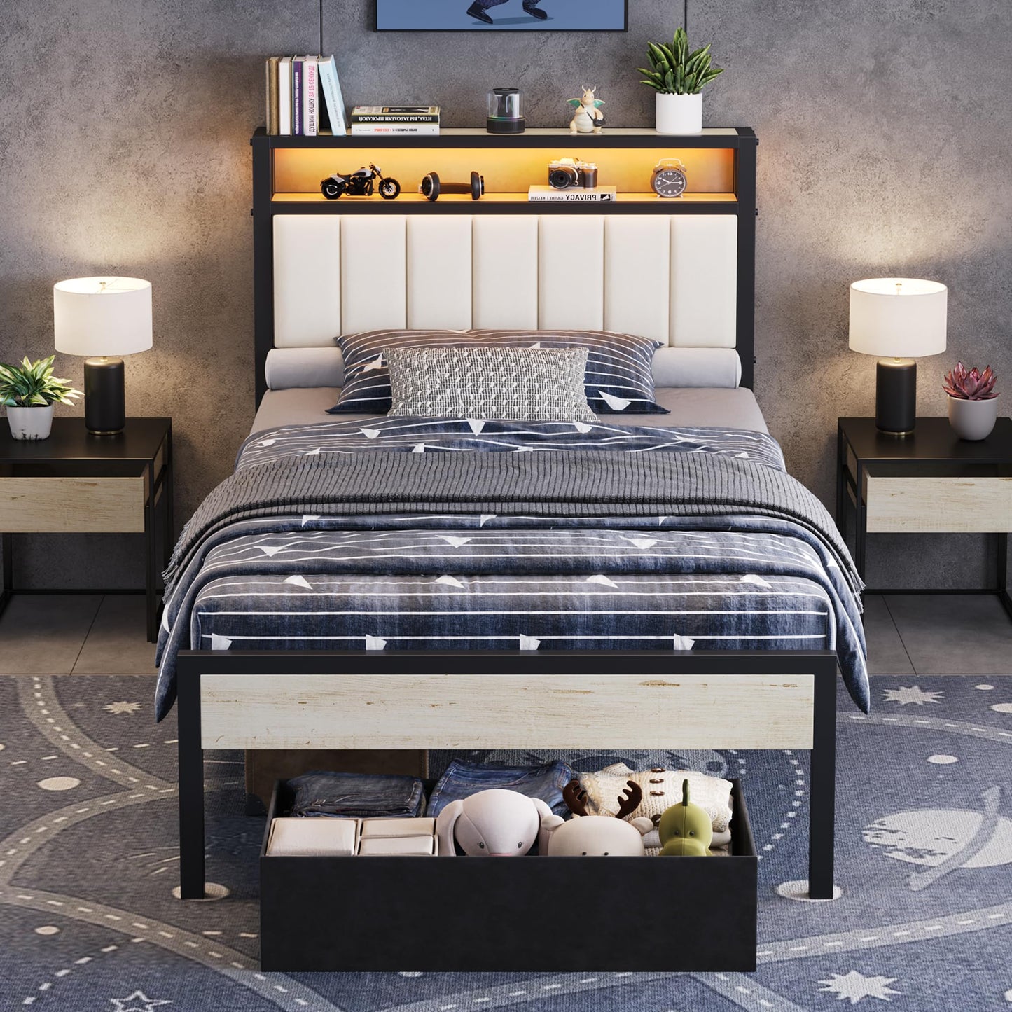 Veltrix LED Storage Velvet Bed Frame Amerlife Twin / White