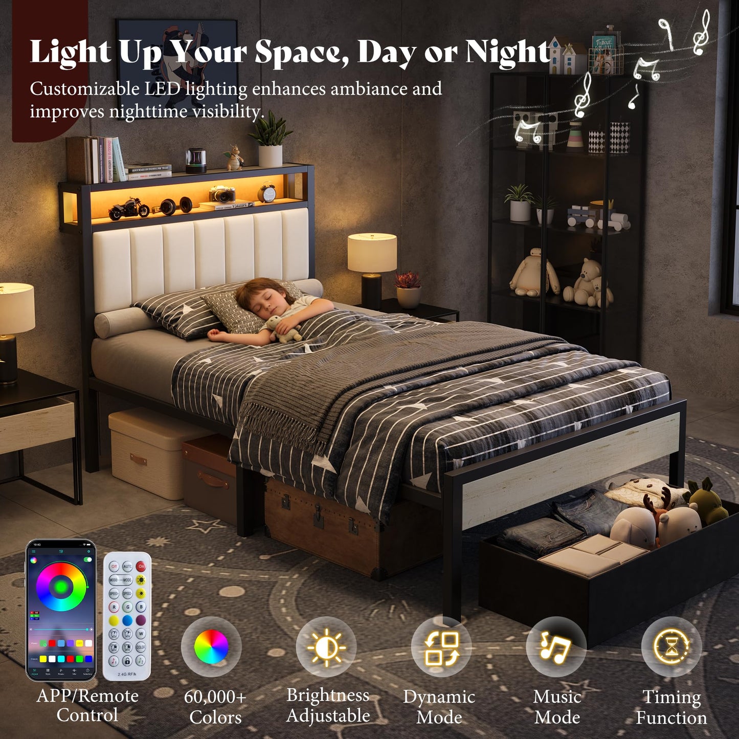 Veltrix LED Storage Velvet Bed Frame Amerlife Twin / White