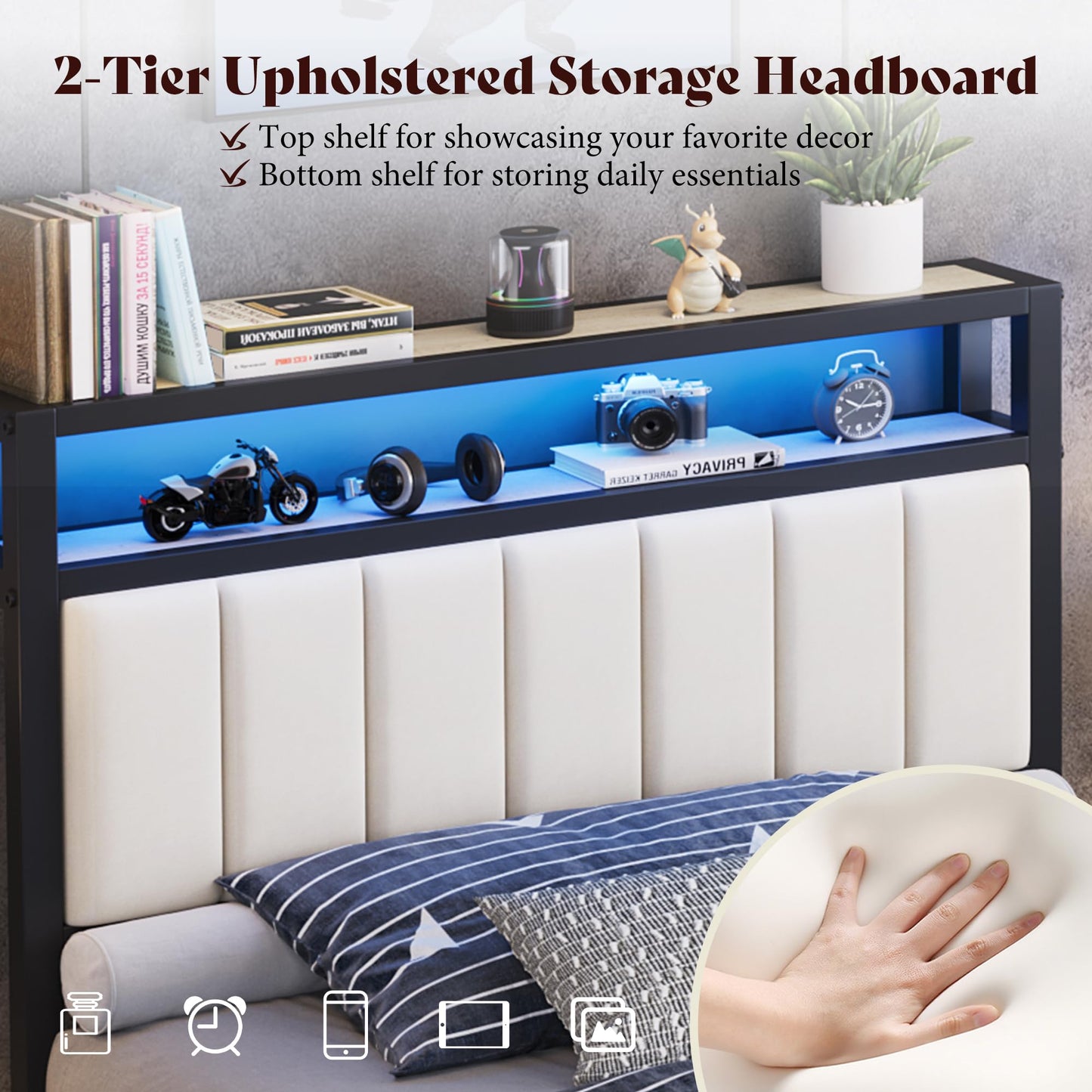 Veltrix LED Storage Velvet Bed Frame Amerlife Twin / White